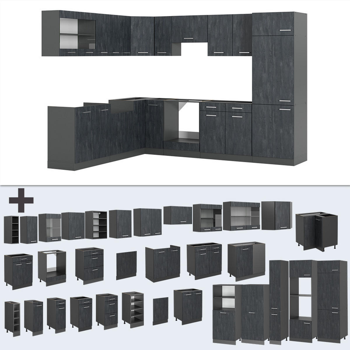 ECKKÜCHE IN L-FORM R-Line Schwarz Beton/Anthrazit 227 x 287 cm AP Marmor - Anthrazit/Schwarz, Holzwerkstoff (287/81.6/60cm) - Vicco