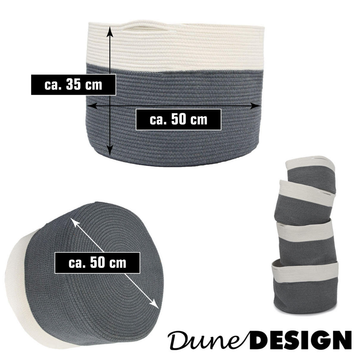 BAUMWOLL-WÄSCHEKORB 60 Liter Ø50x35 cm Grau - Grau, Textil (50/35/50cm) - Dunedesign