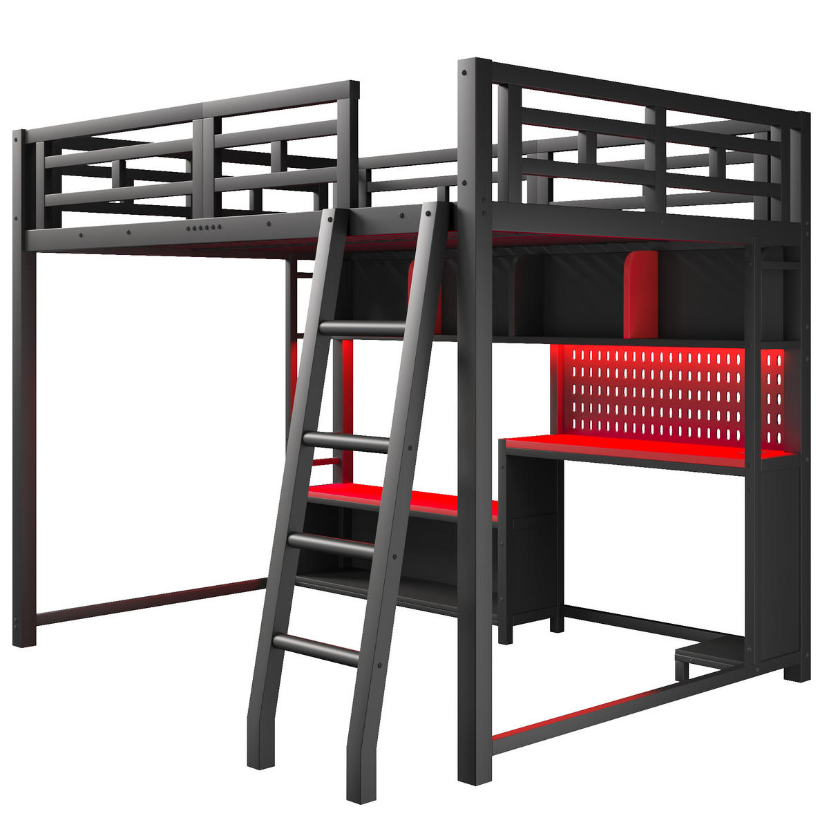 HOCHBETT 140x200 cm Metall mit Schreibtisch im Gaming-Stil- Rot - Schwarz, Metall (140/200cm) - KOMHTOM