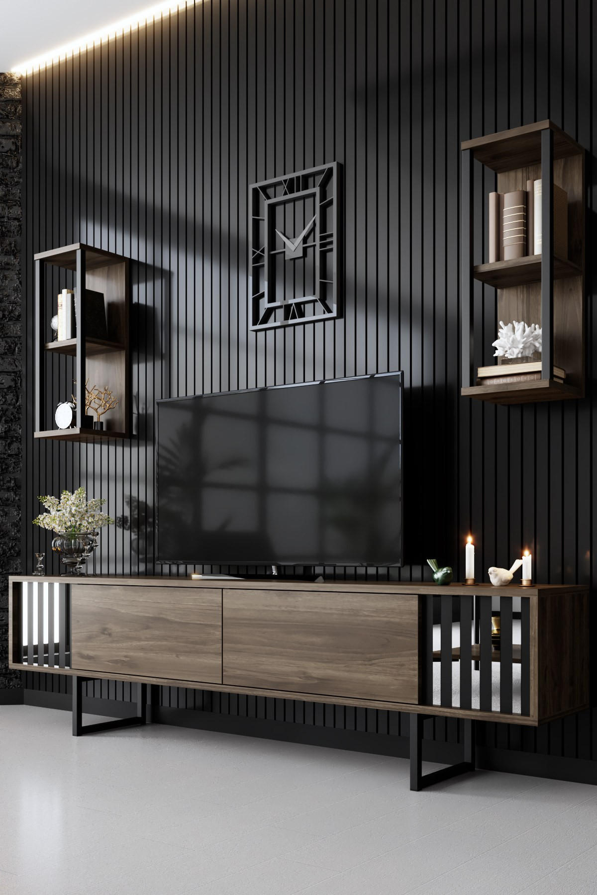 TV-MÖBEL Chrome Line Nussbaum-Schwarz - Nussbaumfarben/Schwarz, Holz (180/48/30cm) - Habitat Garten