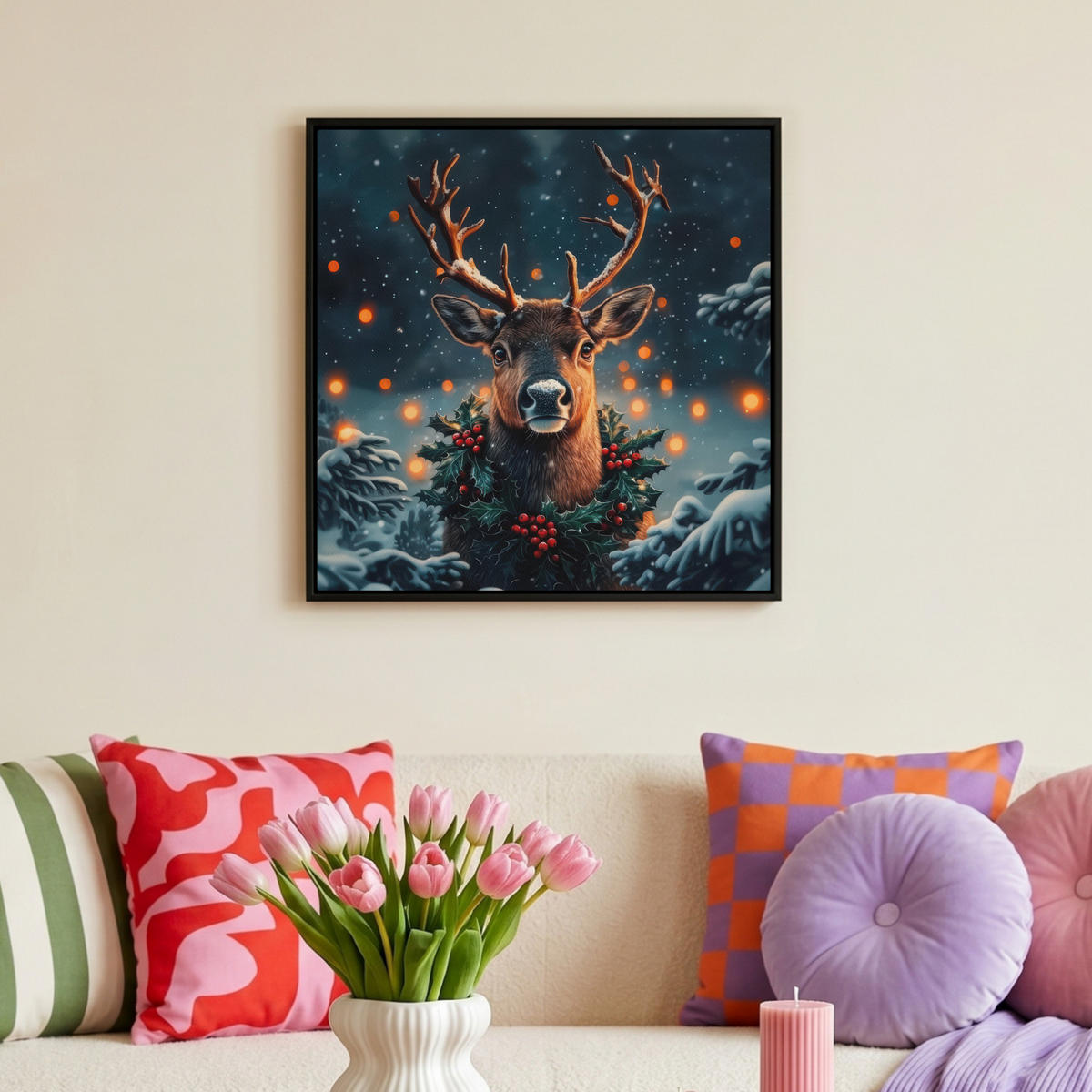 LEINWAND Bilder mit Rahmen - Hirsch - Weihnachten - Winter - Schnee - Weihnachtskranz - 50x50 - Dunkelbraun, Textil (50/50cm) - MuchoWow