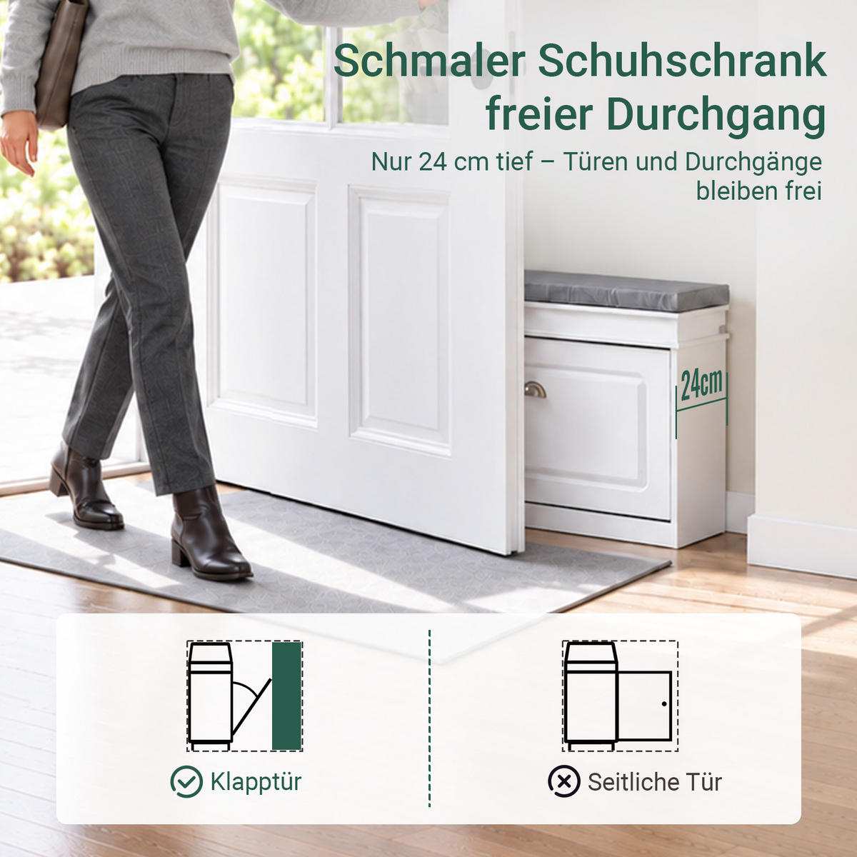 SCHUHBANK, Weiß, 60x51x24 cm, Klappe für 4 Paar, graues Sitzpolster, bis 150 kg, schmal für Flur & Diele - Weiß, Holzwerkstoff (60/51/24cm) - SoBuy