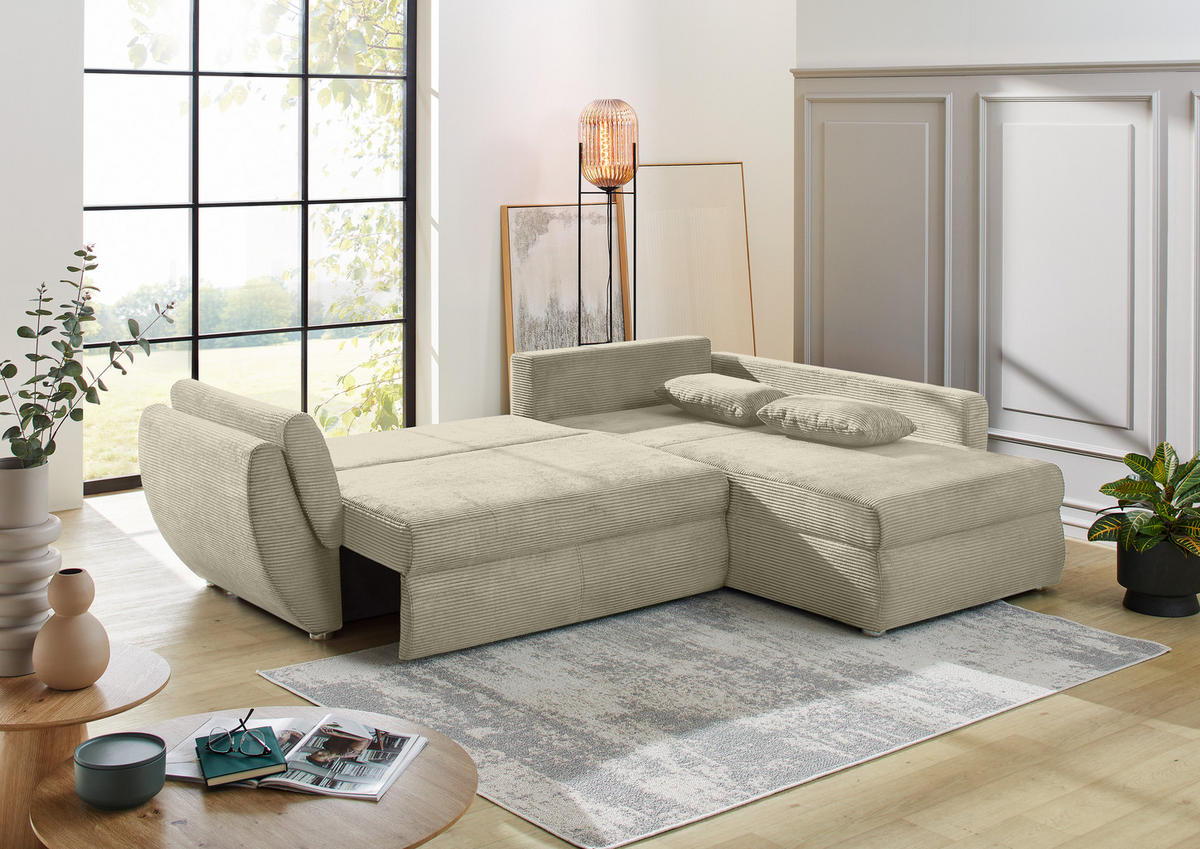 ECKSOFA mit Schlaffunktion und Bettkasten, seitenverkehrt montierbar B272/T200/H88 cm, Liegefläche 128x224 cm, Cord Beige Grau / 15227 - Chromfarben/Greige, Kunststoff/Textil (272/200cm) - luma-home