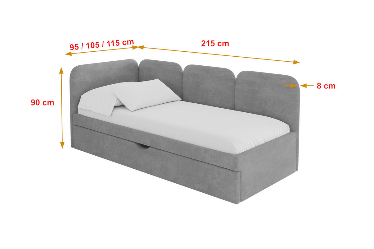 EINZELLBETT Jugendbett mit Bettkasten, Rechts - ALVY 80x200 Grau - Silberfarben, Holzwerkstoff/Textil (80/200cm) - ALTDECOR