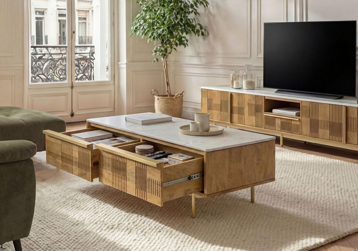 COUCHTISCH Mango 120x60x45 hellbraun geölt / Marmor weiß MIAMI #110 - Braun, Holz (120/60/45cm) - Massivmoebel24