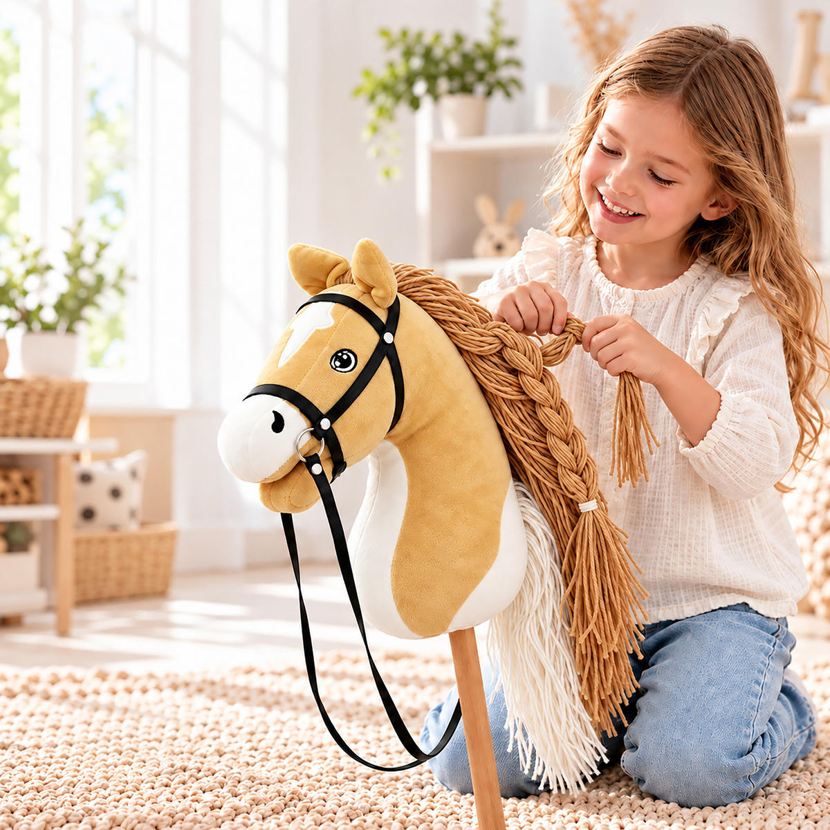 KONÍK Světle hnědý plyšový 71 cm s odnímatelnou bukovou tyčí - světle hnědá, dřevo/textil (12/71/29cm) - Relaxdays
