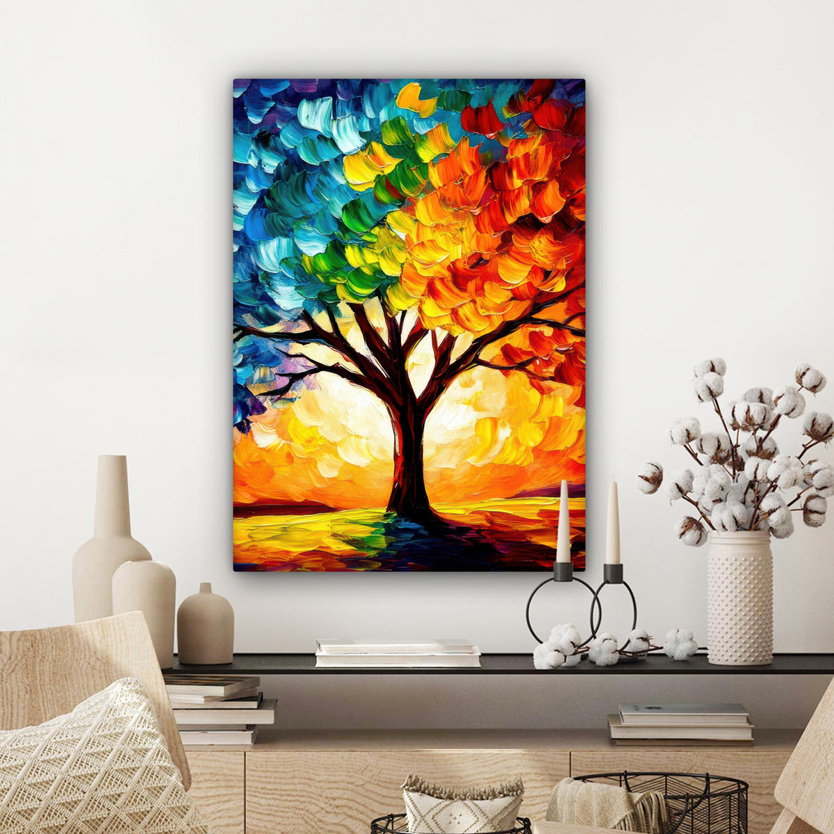 LEINWANDBILD - Baum - Kunst - Natur - Sonnenuntergang - 60x80 - Gemälde - Multicolor, Textil (60/80cm) - MuchoWow
