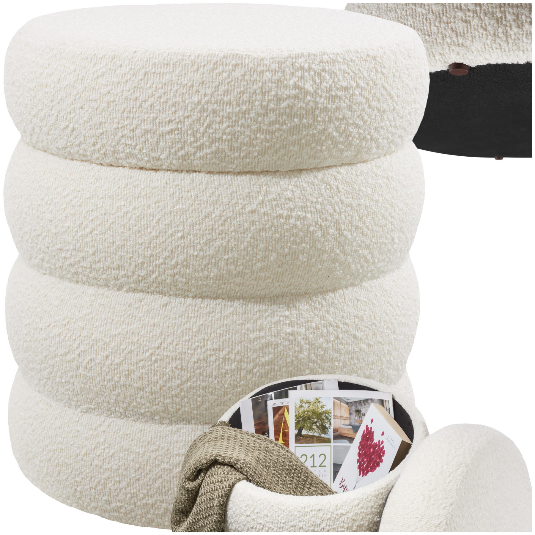 SITZHOCKER mit Stauraum Altu,42 x 42 x 47 cm,Bouclé creme-weiß - Creme/Weiß, Holz (42/47/42cm) - tectake