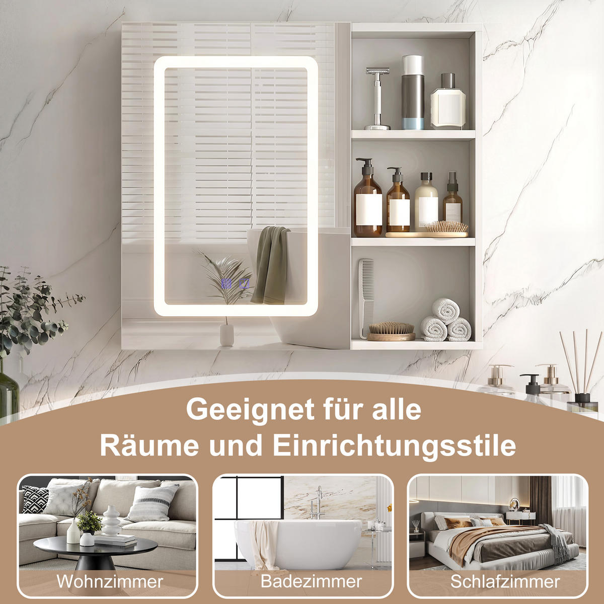 SPIEGELSCHRANK LED 60x60cm 1-türig mit verstellbaren Böden - Weiß, Glas (60.2/60.2/15.2cm) - SHOPENTRA