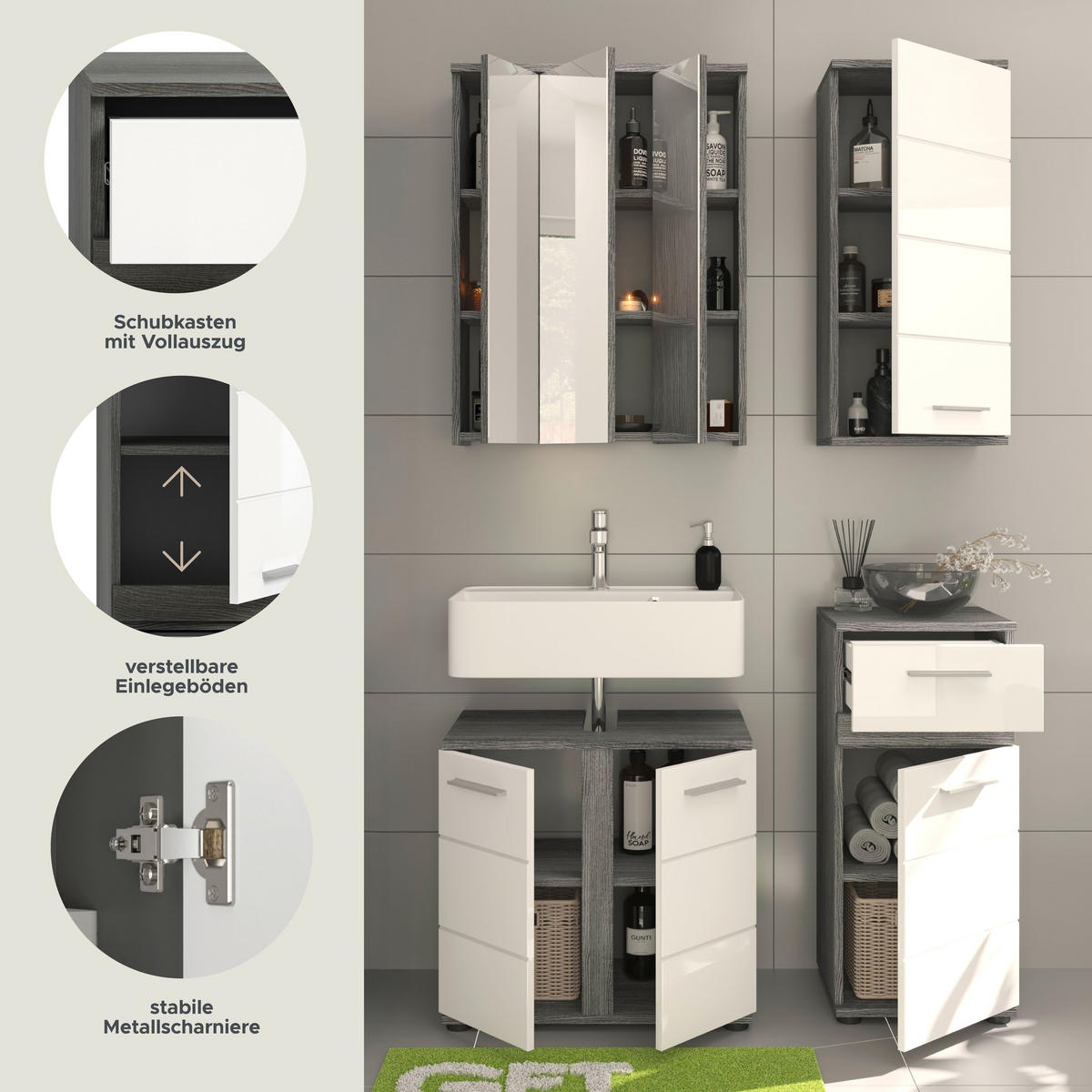 BADKOMBINATION 4tlg. Blake Bad in Rauchsilber Nachbildung und weiß hochglanz B/H/T: 114x191x34 cm - Anthrazit, Holz (114/191/34cm)