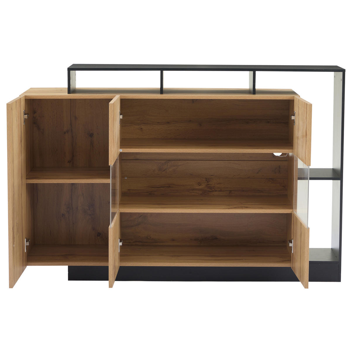 KOMODA 140/44/93,5 cm v barvi lesa s črnim okvirjem z LED-osvetlitvijo in nastavljivimi policami iz MDF in akrila - naravne barve, leseni material (140/93.5/44cm) - OKWISH