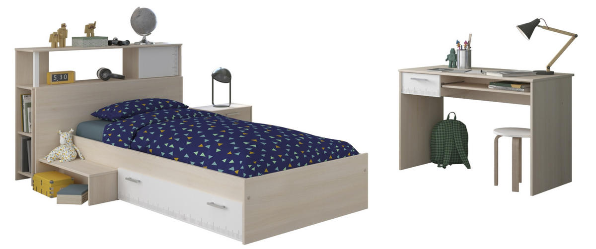 KINDERZIMMER Set 4-tlg Schreibtisch Nachttisch Stauraumbett 90 x 200 cm - Silberfarben/Weiß, Holzwerkstoff/Kunststoff (220/93/123cm) - Parisot Meuble