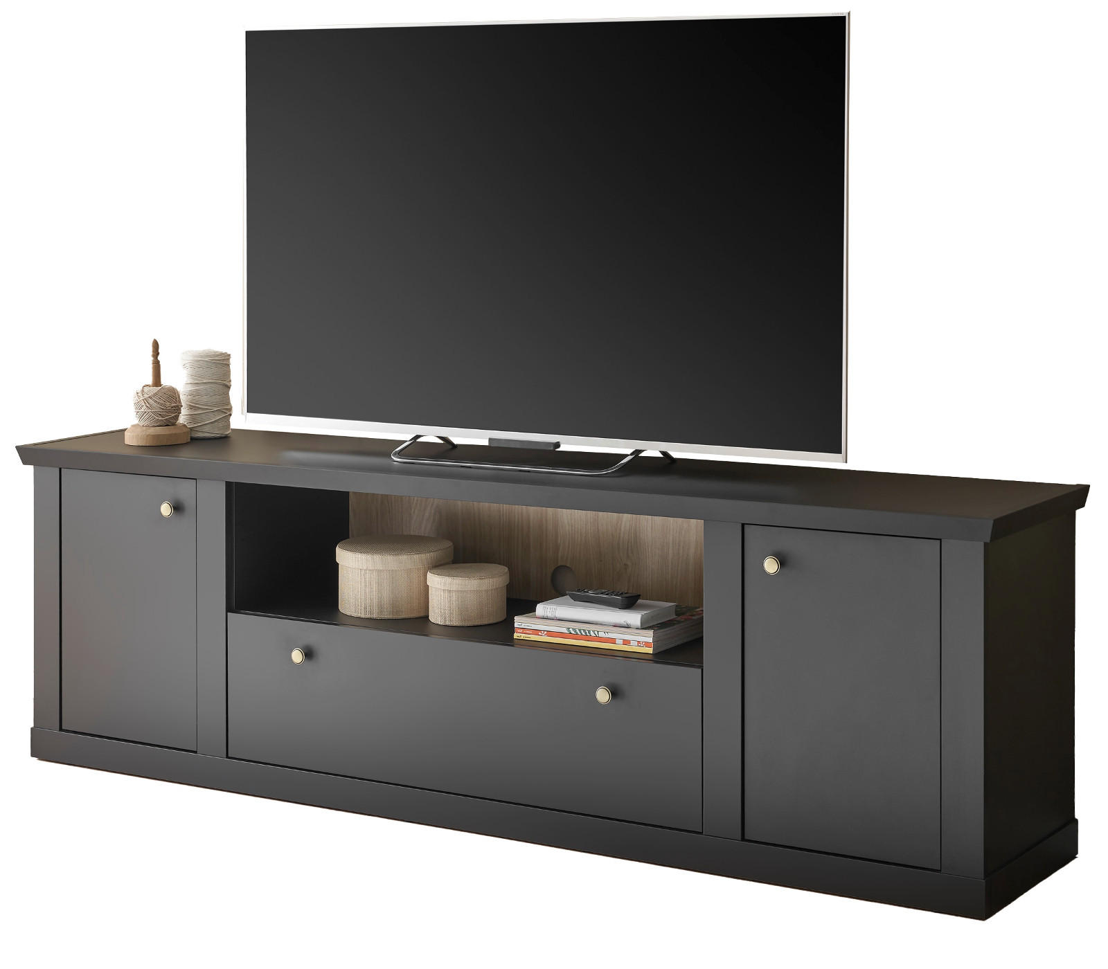 TV-LOWBOARD schwarz matt, Eiche Landhaus 205 cm, TV Unterteil mit Soft-Close - Eichefarben/Messingfarben, Holzwerkstoff/Metall (205/62/42cm) - Furn.Design