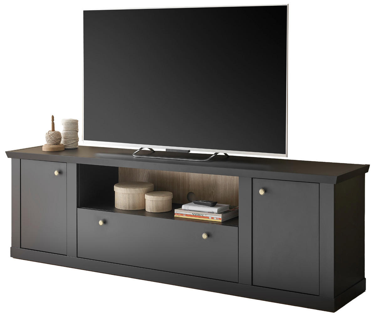 TV-LOWBOARD schwarz matt, Eiche Landhaus 205 cm, TV Unterteil mit Soft-Close - Eichefarben/Messingfarben, Holzwerkstoff/Metall (205/62/42cm) - Furn.Design