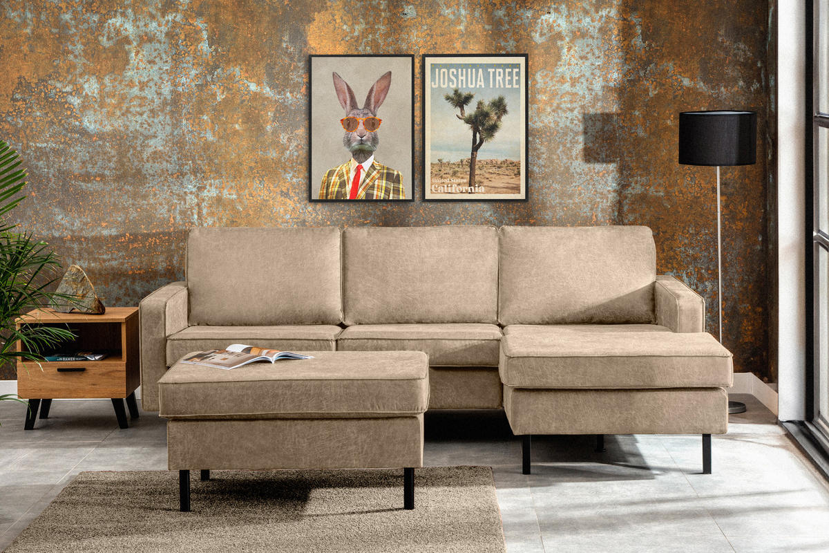 HOCKERSTUHL INVIA auf hohen Metallbeinen vintage, Lederoptik-Stoff, Beige - Beige/Schwarz, Textil (93/48/70cm) - KONSIMO®