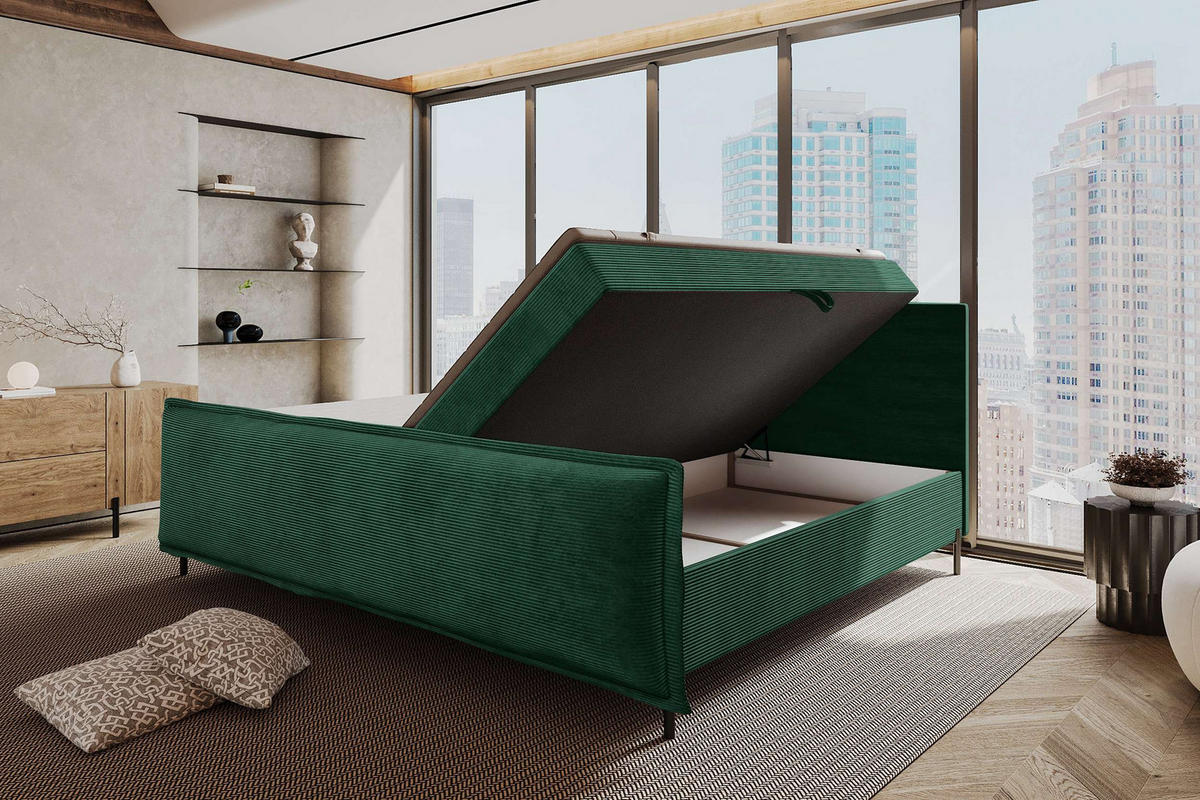 FAMILIENBETT BOXSPRINGBETT VERO PLUS Cordstoff Dunkelgrün 220/200 cm - Dunkelgrün/Schwarz, Holzwerkstoff/Textil (220/200cm) - 99rooms