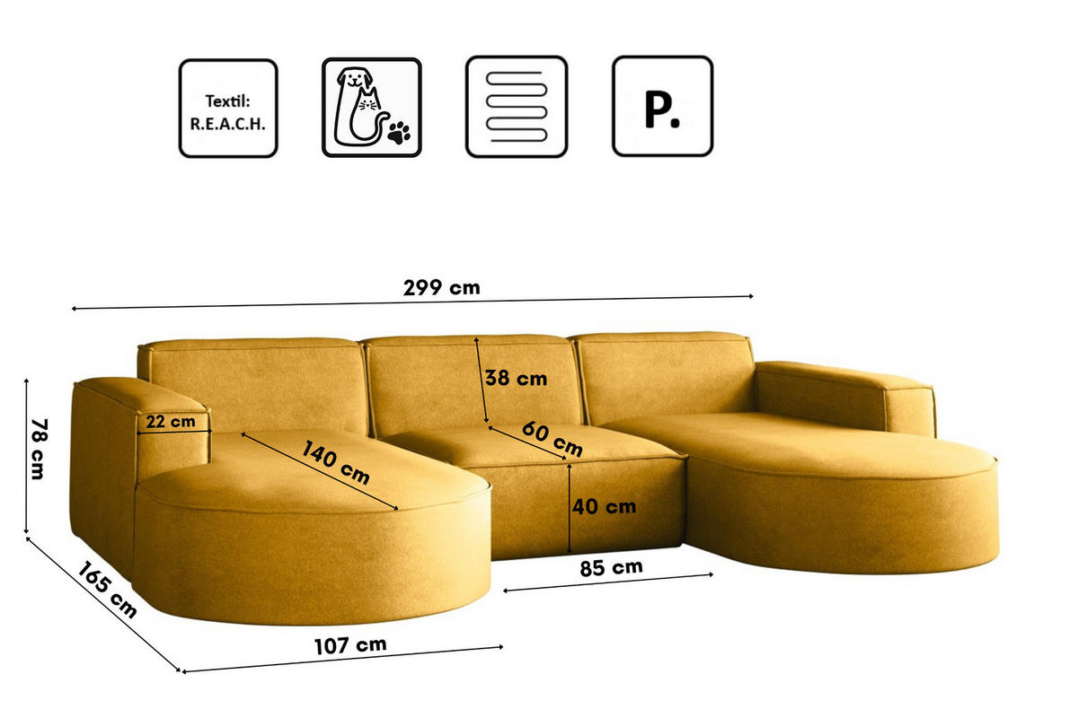 ECKSOFA Modena U-Form Elegant und Moderne Stoff Salvador Gelb - Gelb, Holz/Textil (299/165cm) - Kaiser Möbel
