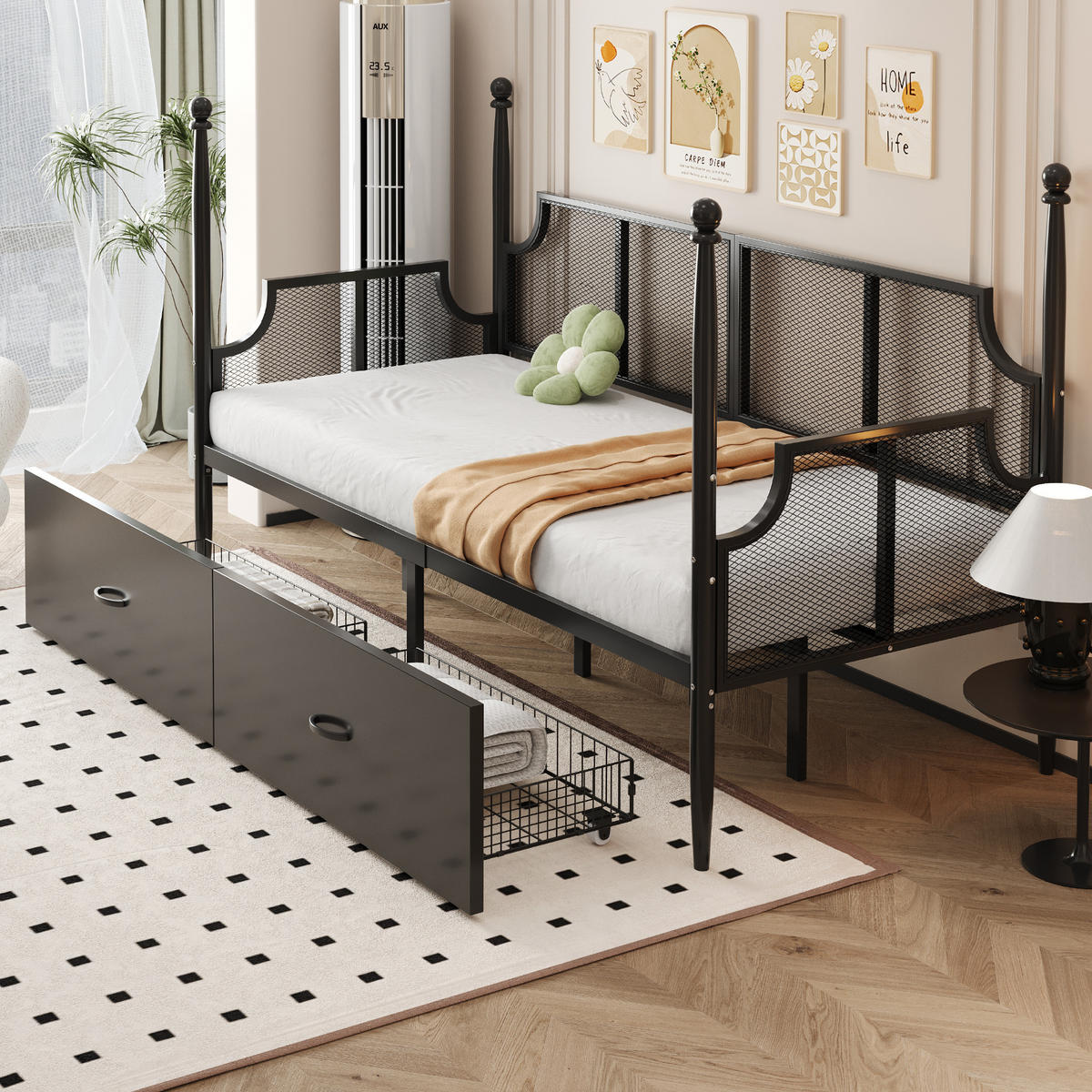 BETT 90x200 Metall Vintage Netz Armlehnen Ablage Schwarz - Schwarz, Metall - FLIEKS