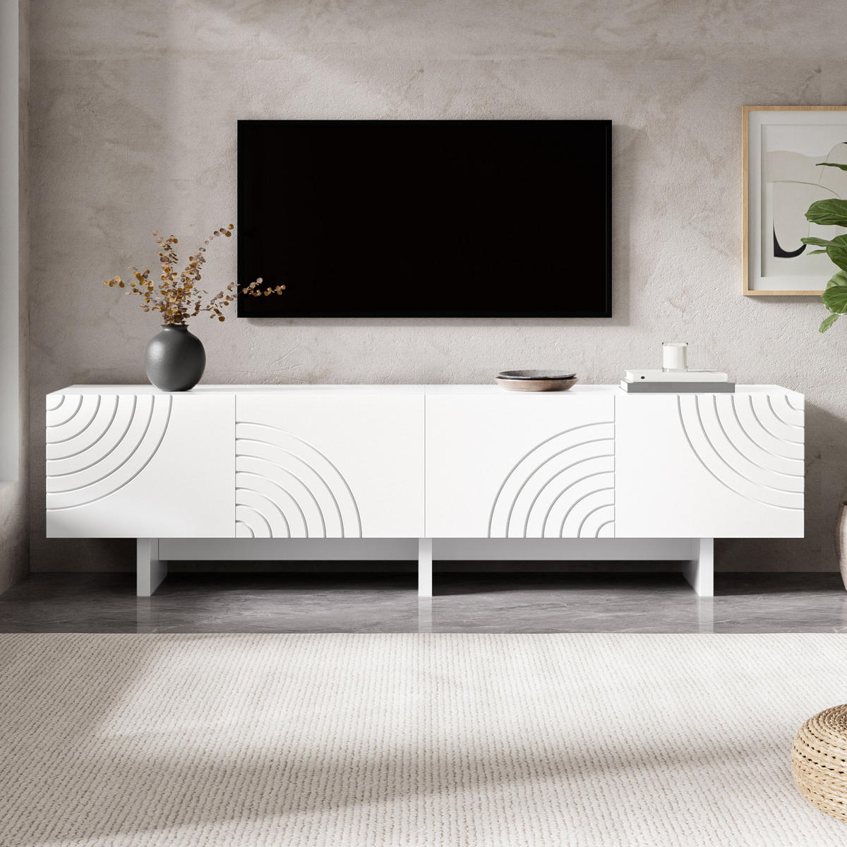 TV-LOWBOARD 170 x 35 x 50 cm, 4 Türen, geometrische Relieffront, Mittelfach, Weiß - Weiß, Holzwerkstoff (170/50/35cm)