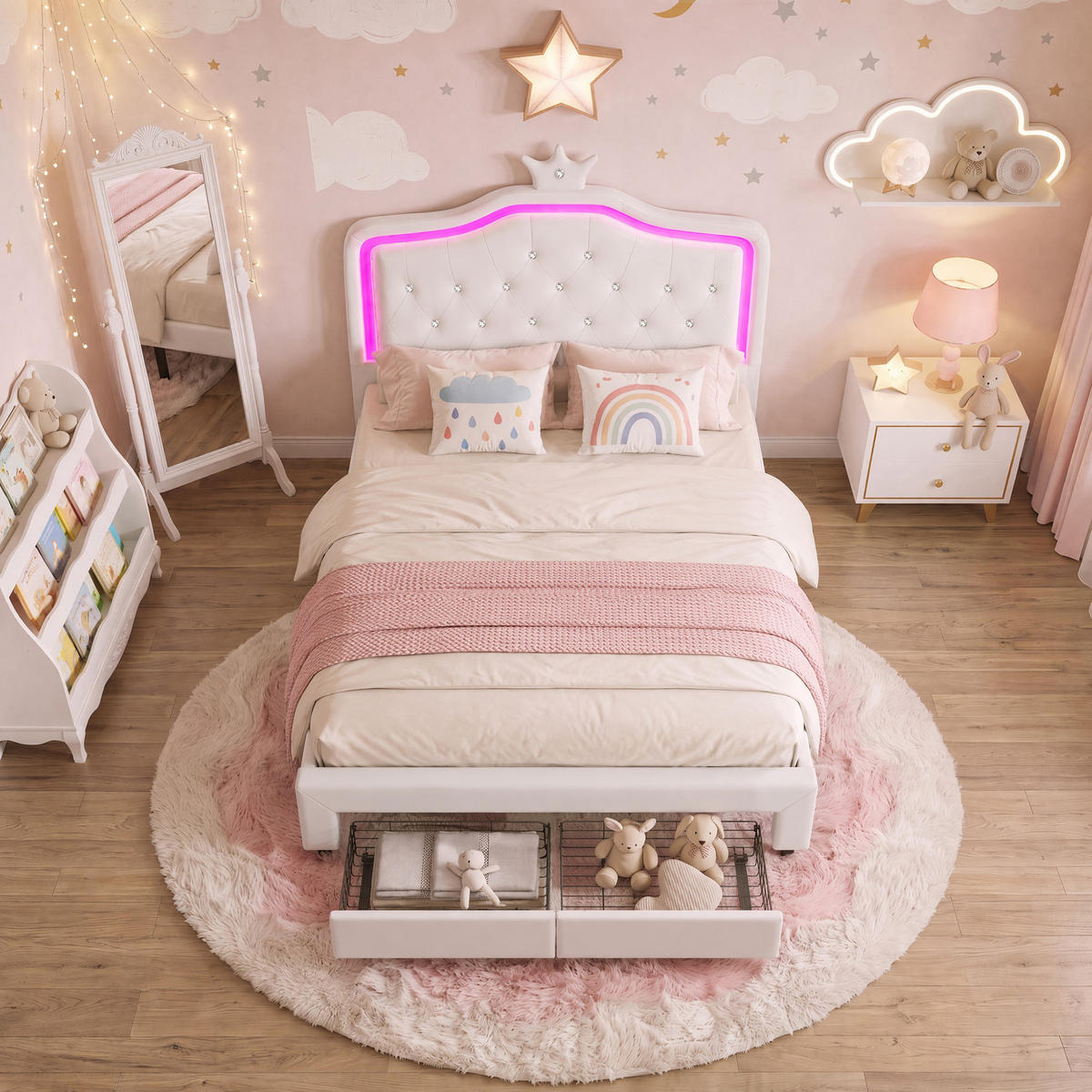 POLSTERBETT 140/200 cm mit LED und Schublade,Kinderbett Kunstleder, Weiß - Weiß, Holz/Metall (140/200cm) - PARAFTA HOME