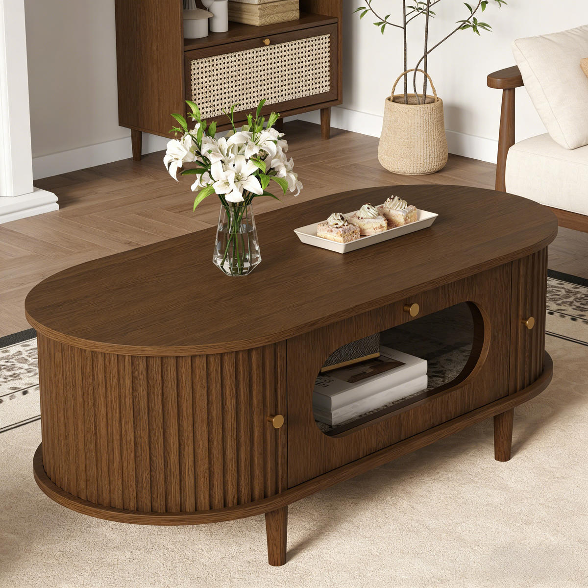 COUCHTISCH Walnuss 1 Schublade Rolltür 4 Beine 100x50x36cm - Walnussfarben, Holzwerkstoff (100/50/36cm) - FLIEKS