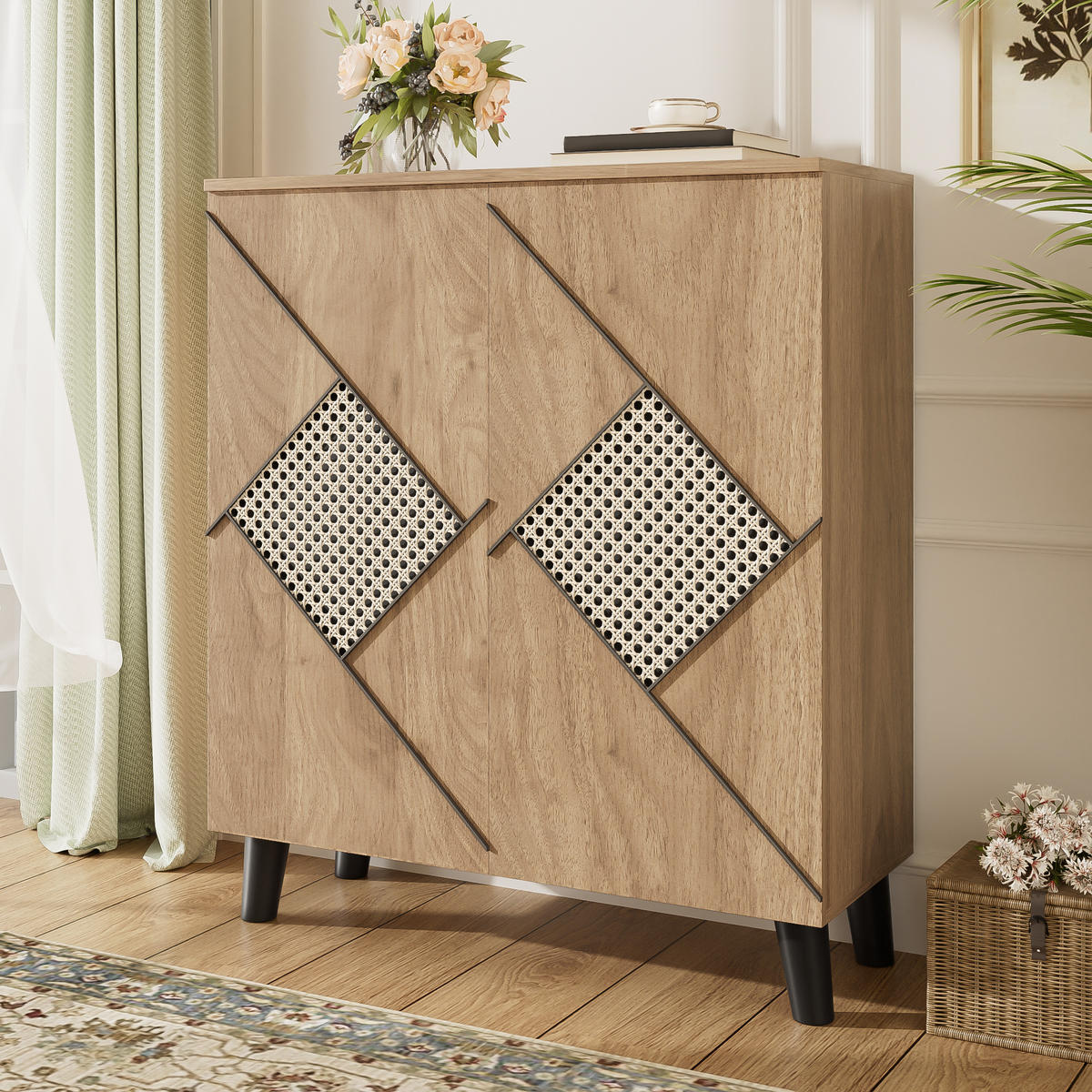 SCHUHSCHRANK 80x32x91 Rattanmuster Stauraum Türen Ablage - Naturfarben, Holzwerkstoff (32/91/80cm) - FLIEKS