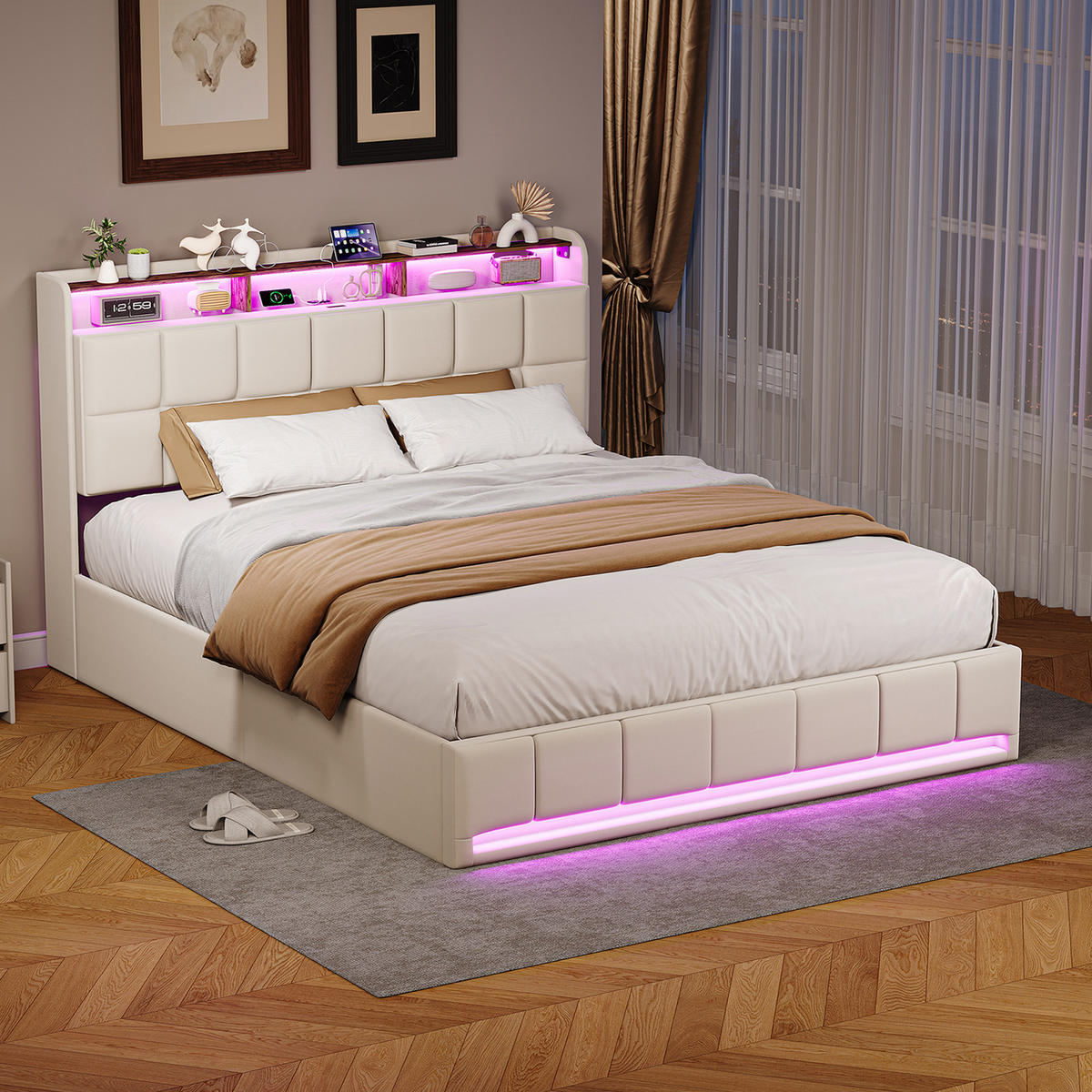 POLSTERBETT 160x200 cm LED USB C Hydraulik Stauraum Metall beige - Beige, Holz (160/200cm) - LEBENLANG