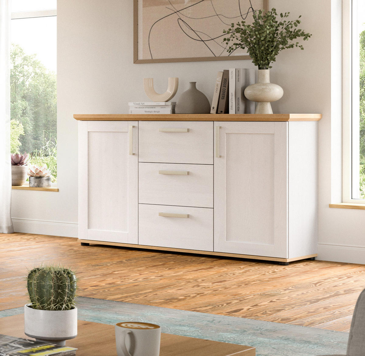 SIDEBOARD weiß Lärche, Eiche Artisan 129 cm, Kommode im Landhaus-Stil - Silberfarben/Schwarz, Holzwerkstoff/Kunststoff (129/80/40cm) - Inn.Furn