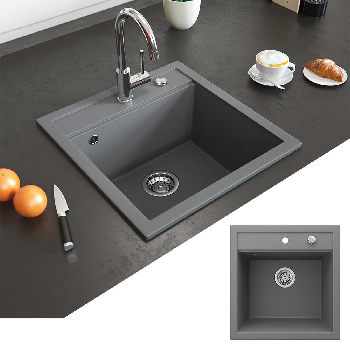 SPÜLBECKEN Tesa Grau 49 x 51 cm - Dunkelgrau, Keramik (49/20/51cm) - Bergstroem