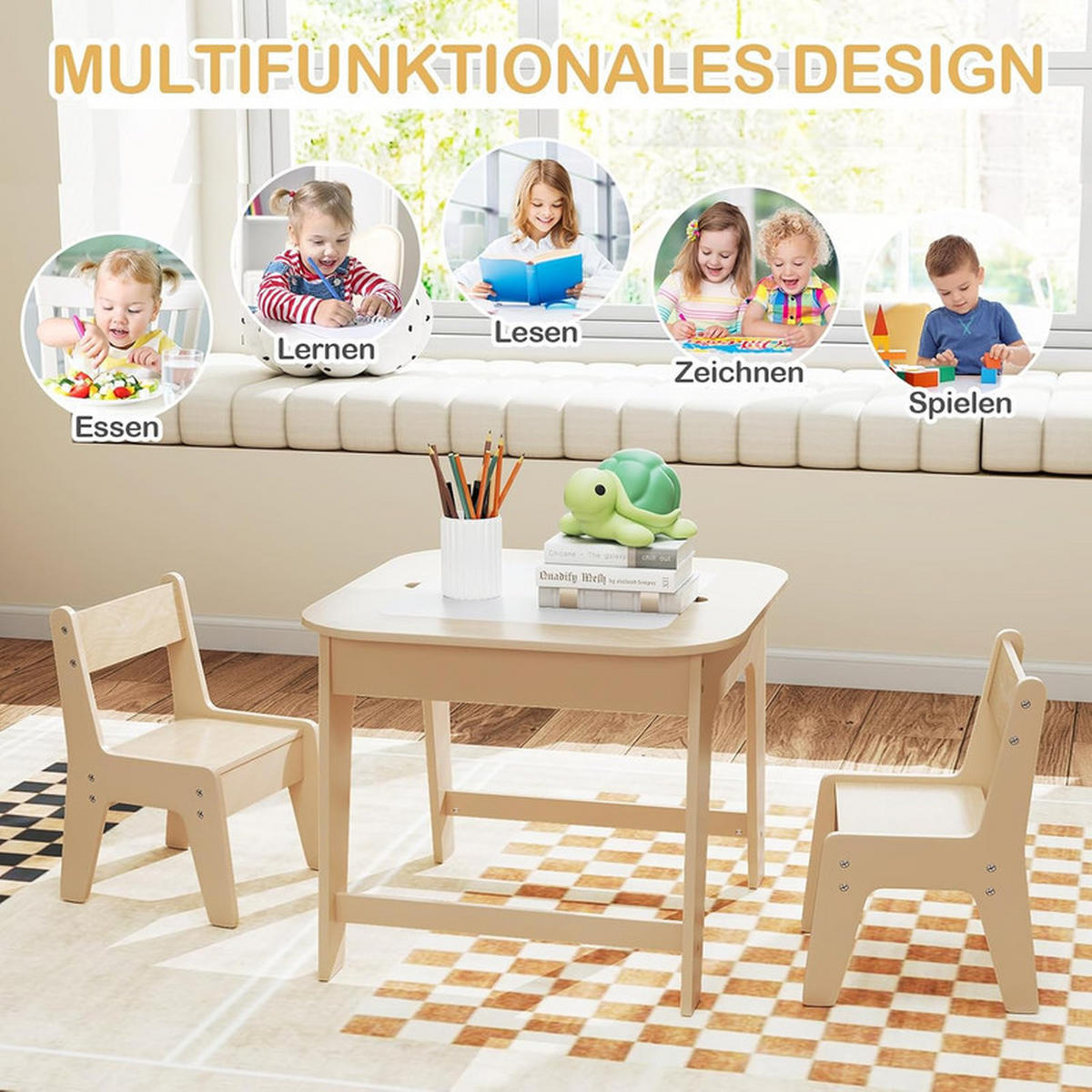 KINDERTISCH mit 2 Stühlen natur (3-tlg) - Naturfarben, Holzwerkstoff (60/49/60cm) - COSTWAY