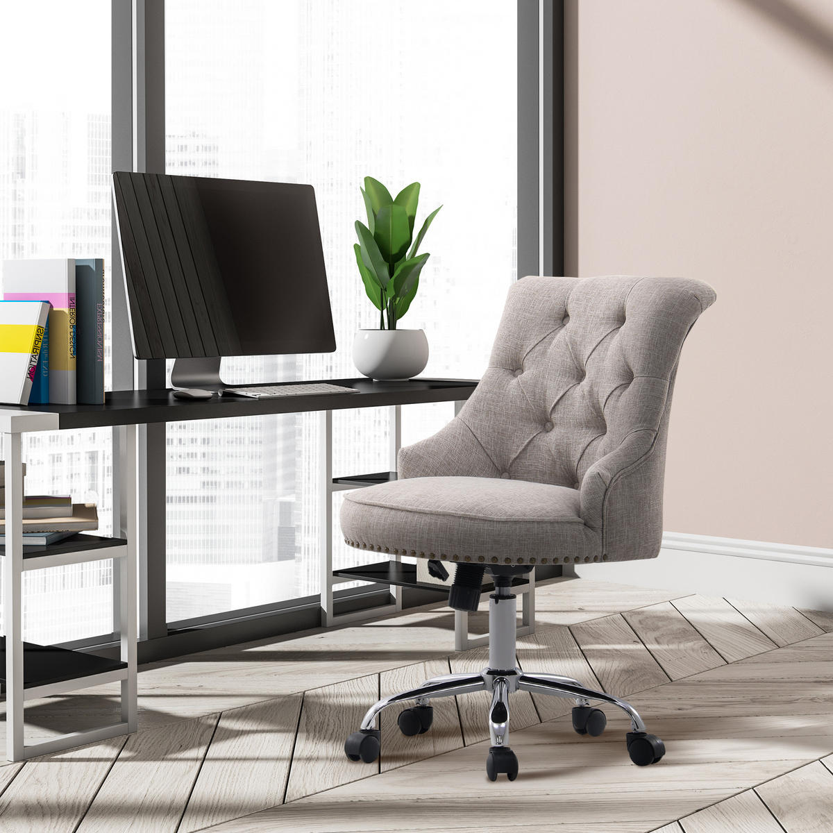 DREHSTUHL mit Rollen, Leinen, Hellgrau - Grau, Textil (65.5/91/54cm) - HOMCOM
