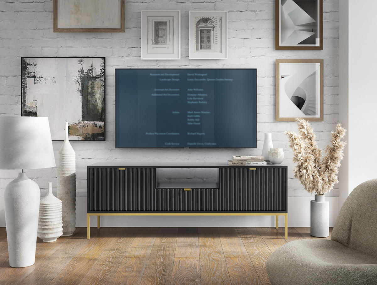 LOWBOARD Eternas 2T 1S Schwarz 154/56/39 cm – goldene Füße, mit geriffelten Fronten und offener Ablage - Goldfarben/Schwarz, Holzwerkstoff (154/56/39cm) - AX Living