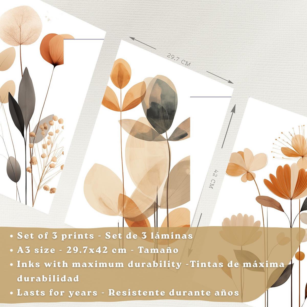 POSTER 3er-Set Wandbilder Orange Blumen modern Wohnzimmer Deko, Schlafzimmer, Küche, Badezimmer Leichter Holzrahmen A3 - Beige, Papier (29.7/1/42cm) - Nacnic
