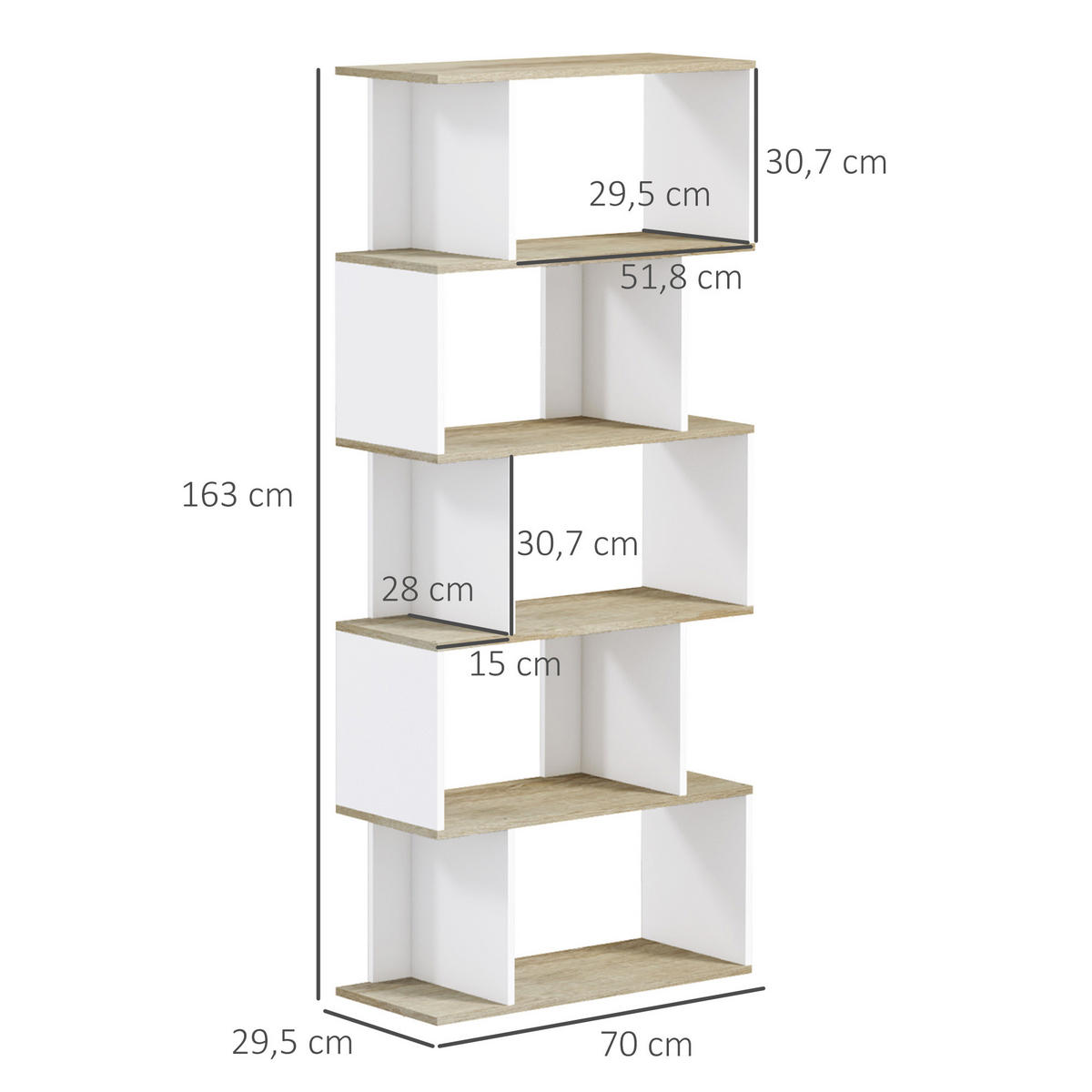 REGAL DE-15509 70/29/163 cm, 5 Ebenen Holz/Weiß - Eichefarben, Holzwerkstoff (70/163/29.5cm) - ComfortXL