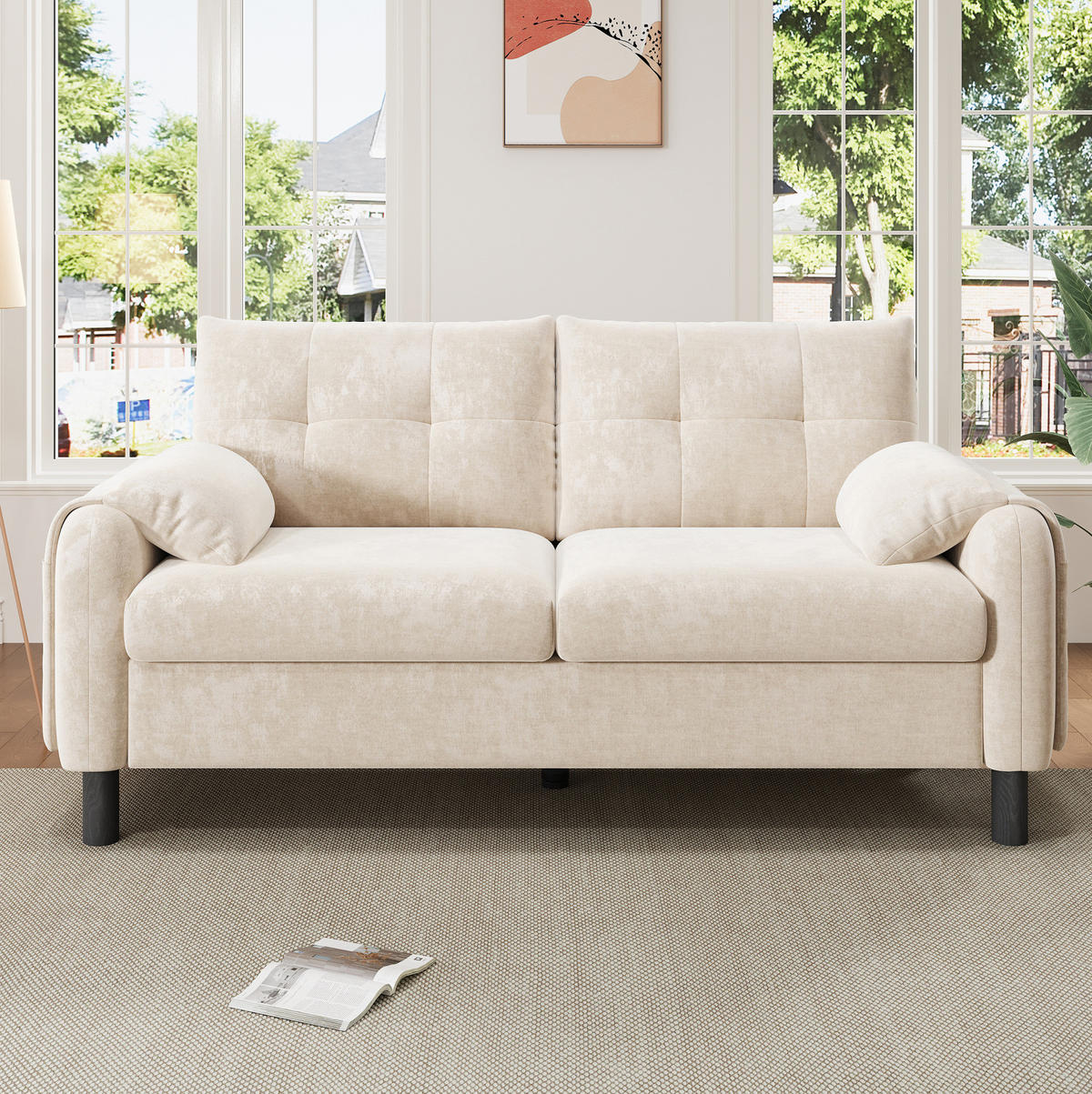 2-SITZER Sofa Chenille mit Seitentaschen und 2 Kissen 158/80/88,5 cm Beige - Beige, Textil (80/88.5/158cm) - Redom