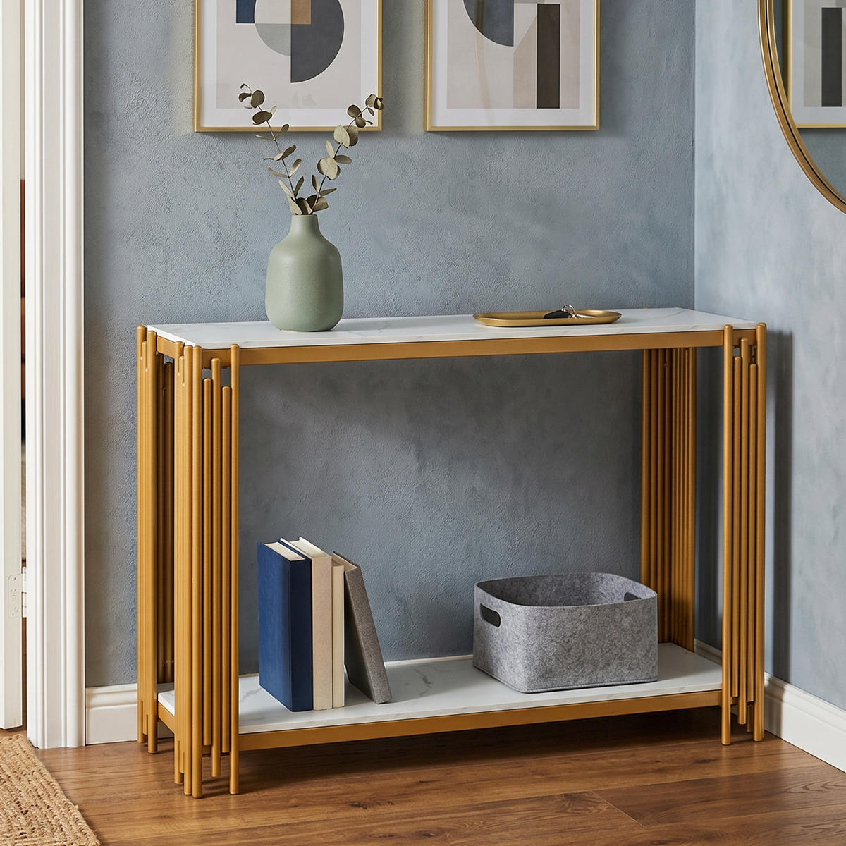 KONSOLENTISCH mit 2 Ablagen Marmoroptik/Gold 123,5/33,5/80 cm - Goldfarben/Weiß, Holzwerkstoff/Metall (124/34/80cm)