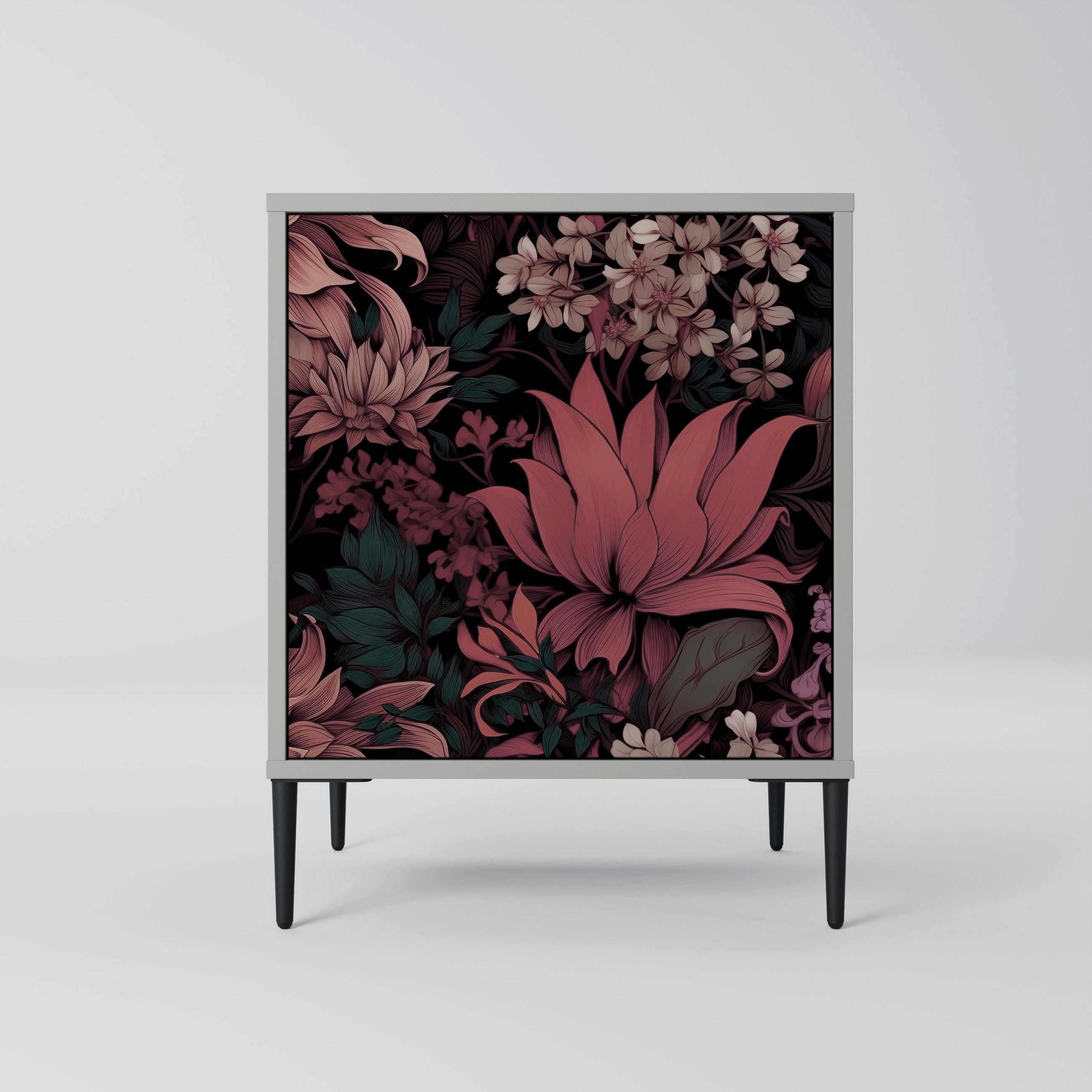 SIDEBOARD FLORAL WHISPER, Grau, 57,5x42x72,5 cm, Schwarze Metallfüße - Multicolor/Schwarz, Holzwerkstoff/Metall (57.5/72.5/42cm) - SpaceRebels