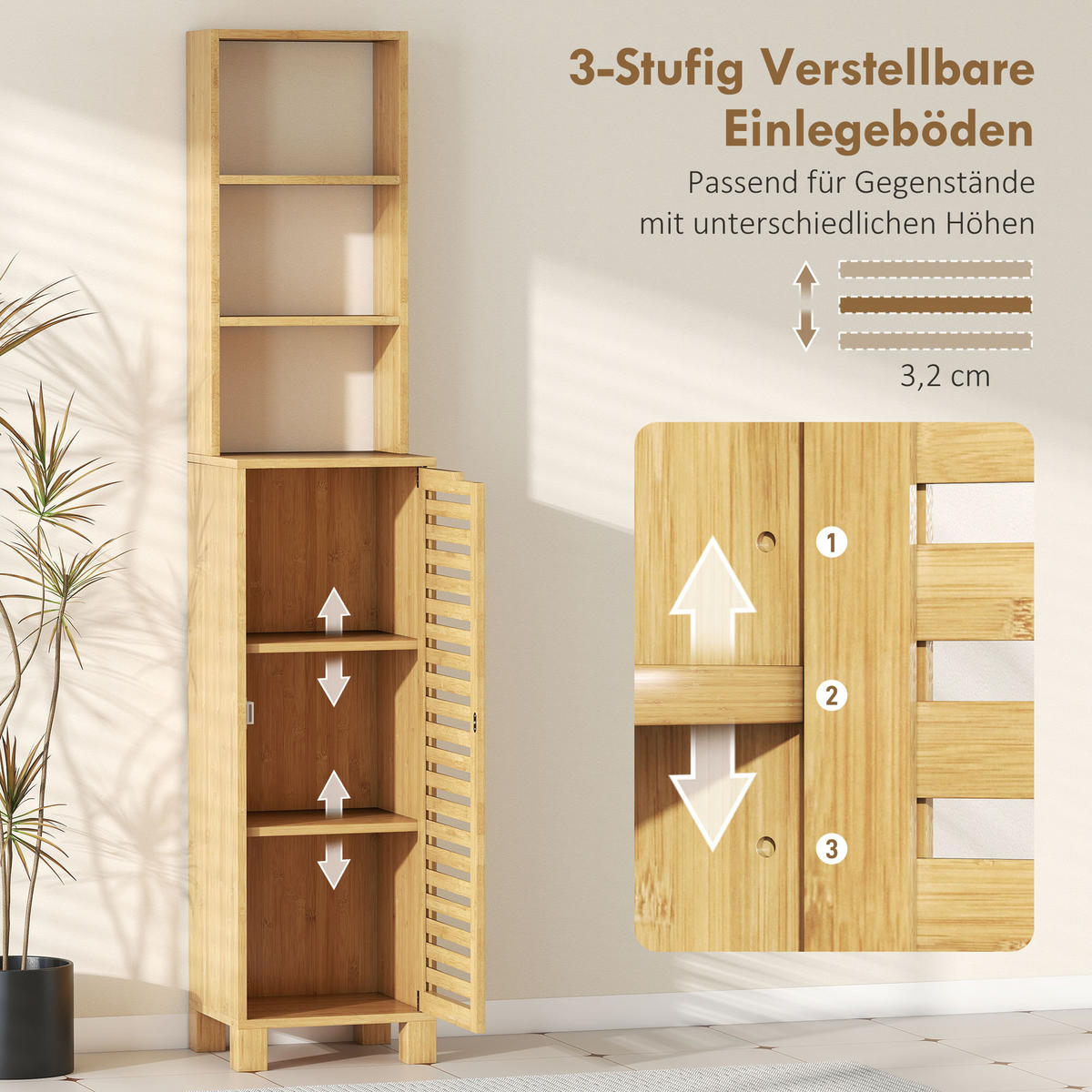 BADEZIMMERSCHRANK schmal, Hochschrank Toilettenschrank mit 3 offenen Regalen - Naturfarben, Naturmaterialien/Bambusholz (30/170/34cm) - HOMCOM