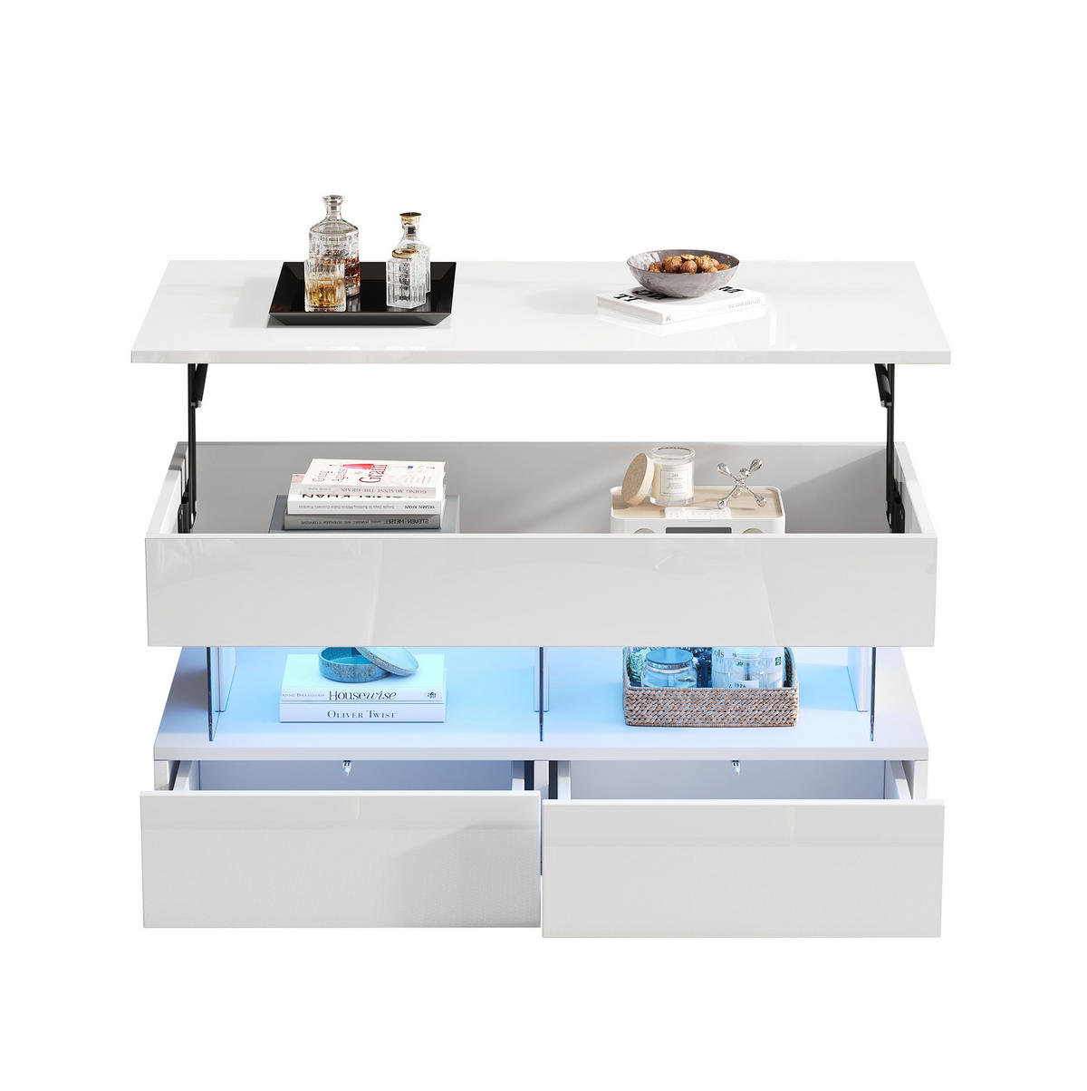 COUCHTISCH 100/50/46 cm in Weiß mit höhenverstellbarer Platte und LED-Beleuchtung - Weiß, Holzwerkstoff (120/50/46cm) - Flora Grace