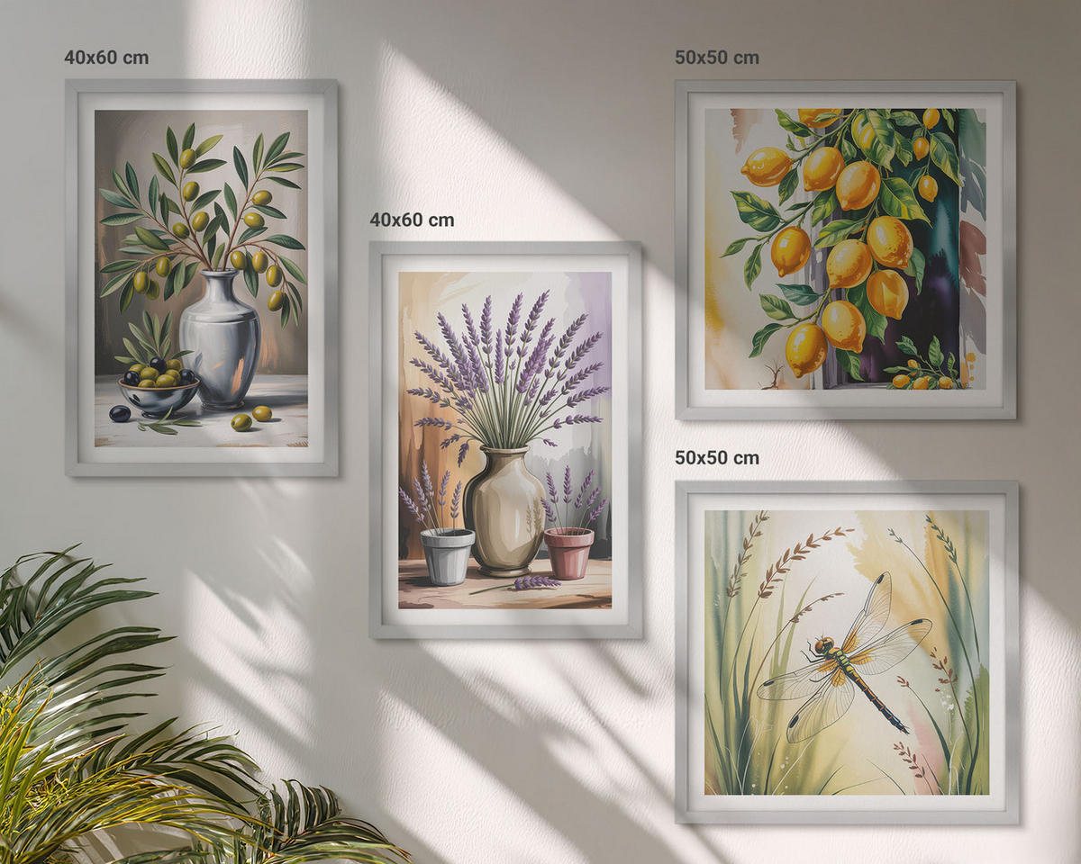 BILDER SET 4er Set - 50x50 cm & 40x60 cm Silberner Rahmen - Olivenblüten in Vasen Natur - Silberfarben, Kunststoff (50/50cm) - TULUP
