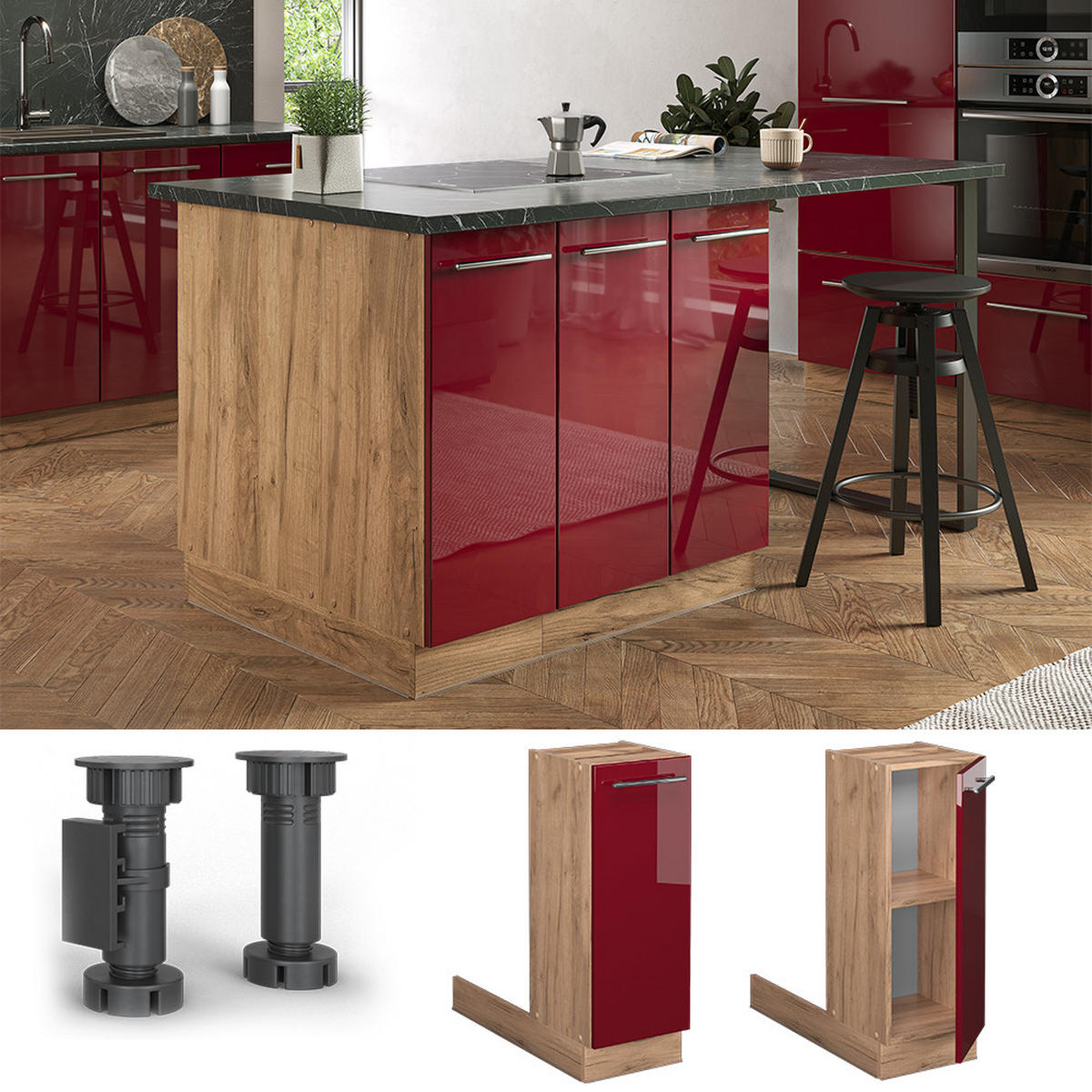 KÜCHENINSEL Fame-Line Bordeaux Hochglanz 30 cm ohne AP - Honigeiche/Bordeaux, Holzwerkstoff (30/82/70cm) - Vicco