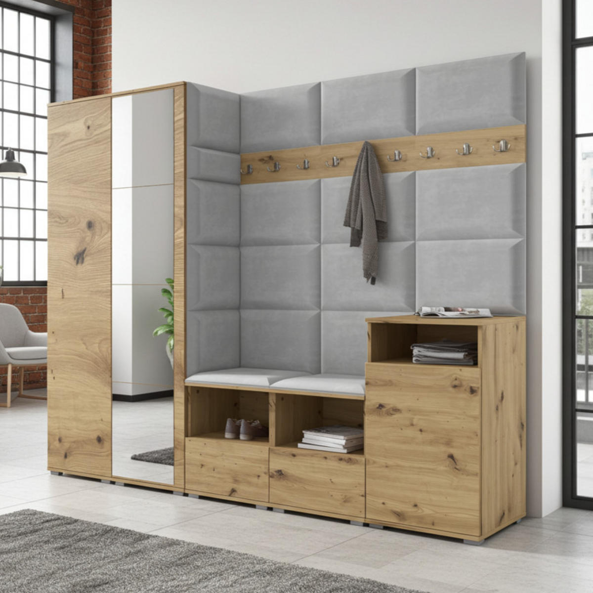 GARDEROBE NELA VIII 250 cm (Modulare Flurmöbel Artisan Eiche mit Spiegel & Sitzpolster Hellgrau 32 Set XL) - Silberfarben/Hellgrau, Holz/Holzwerkstoff (250/187/40cm) - Ravio