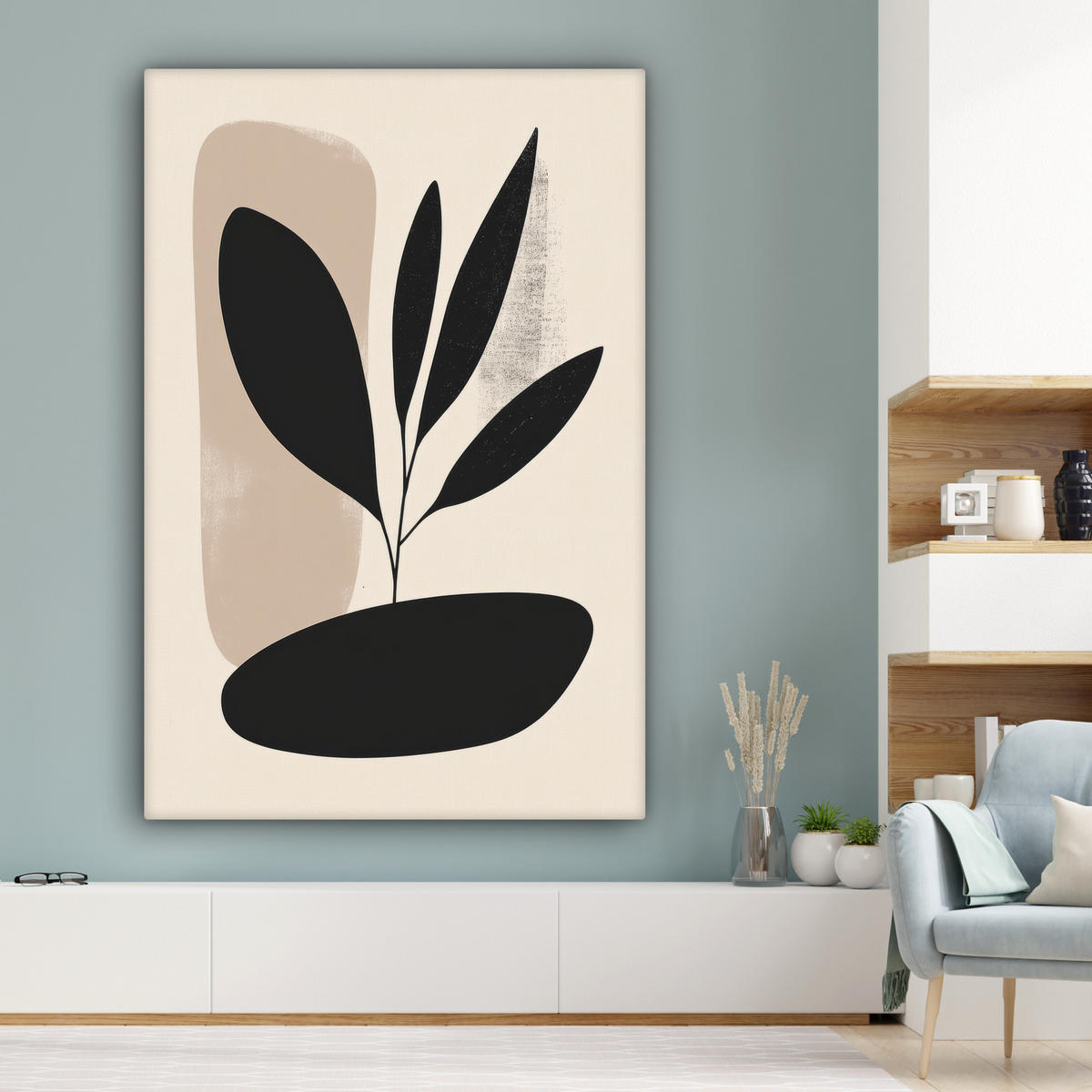 LEINWANDBILD Pflanze - Beige - Japanisch 90x140 cm - Schwarz, Textil (90/140cm) - MuchoWow