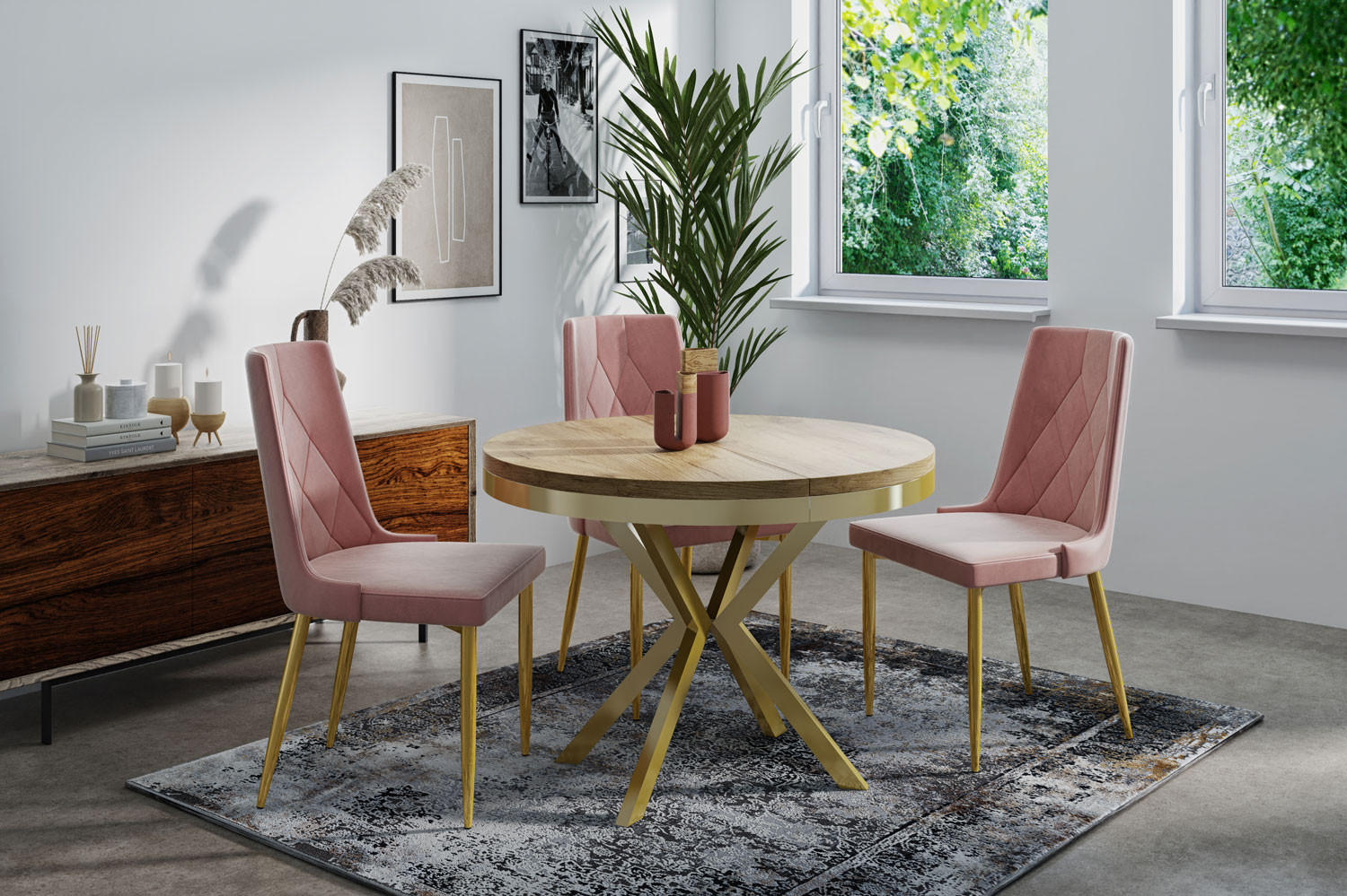 ESSTISCH Dina runder ausziehbarer, Craft Eiche 100-180/100/76 cm - Eiche Wotan/Goldfarben, Holzwerkstoff/Metall (100/100/76cm) - WFL GROUP