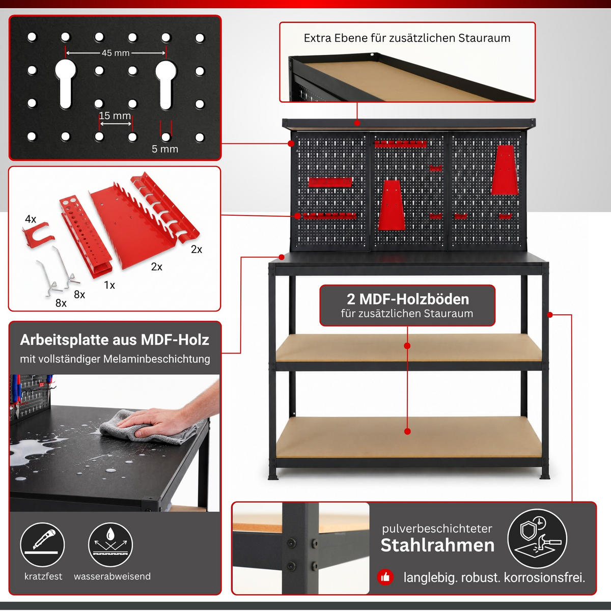 WERKBANK ARES mit Werkzeug Lochwand & Werkzeughalter-Set - Schwarz, Metall (120/155/60cm) - PROREGAL