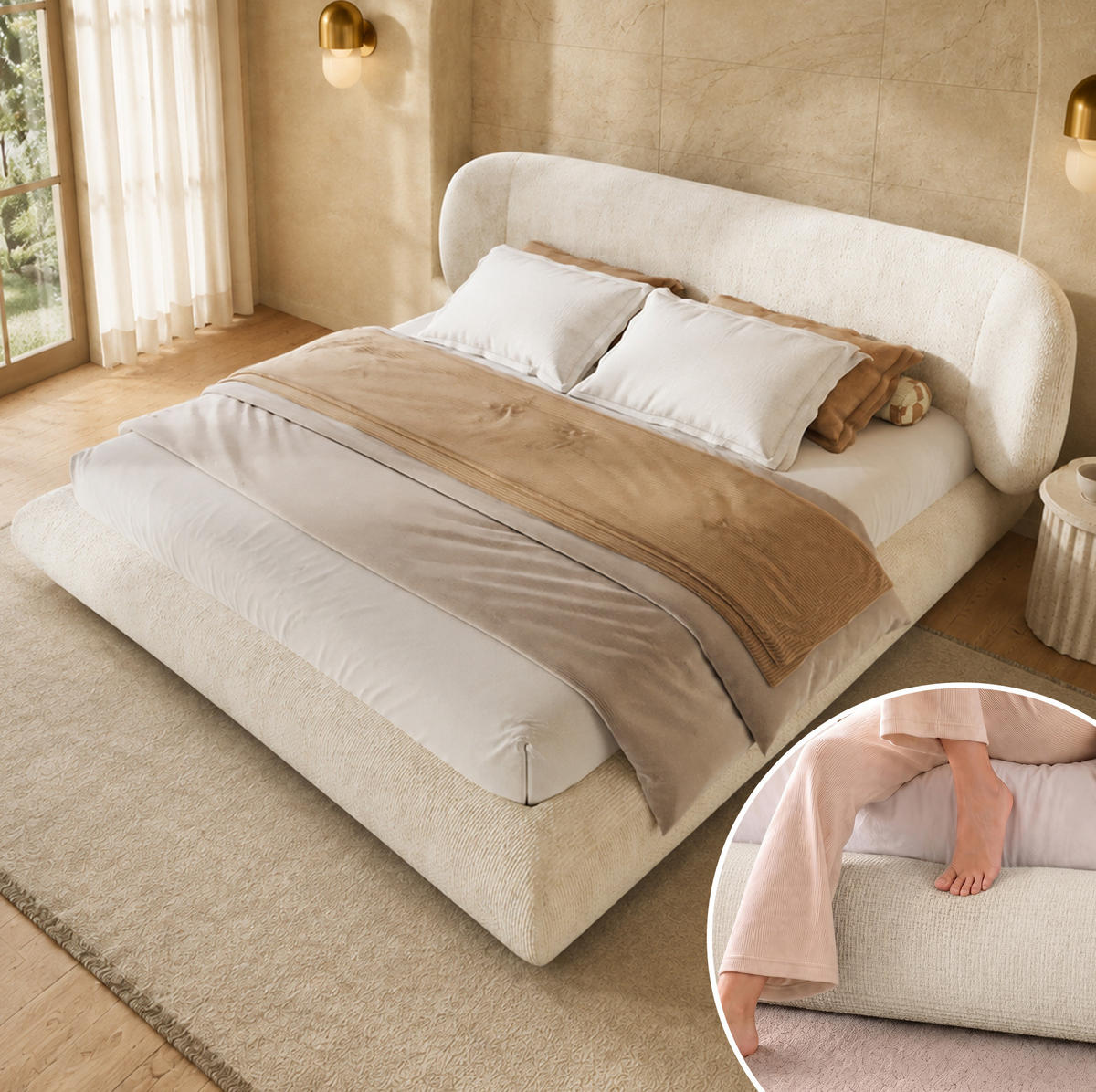 POLSTERBETT mit Chenille-Bezug 140x200 cm Beige mit Lattenrost und Kopfteil - Beige, Textil (140/200cm) - Modfu