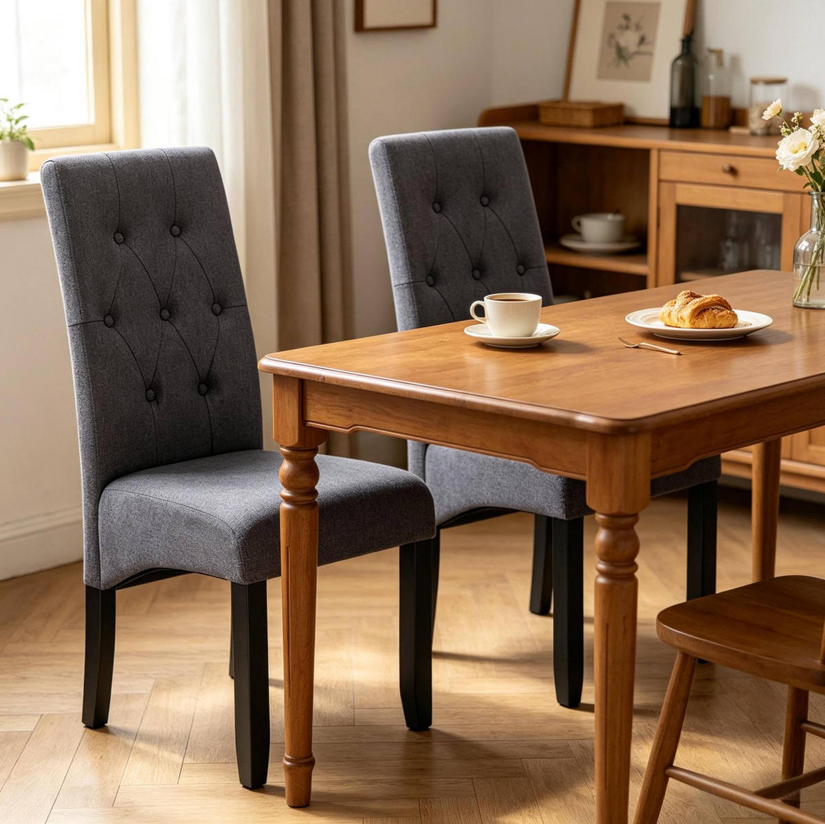 ESSSTUHL 2er-Set hoher Rücken Leinen Dark Grey - Dunkelgrau, Holz (47/107/42cm) - Meubliv