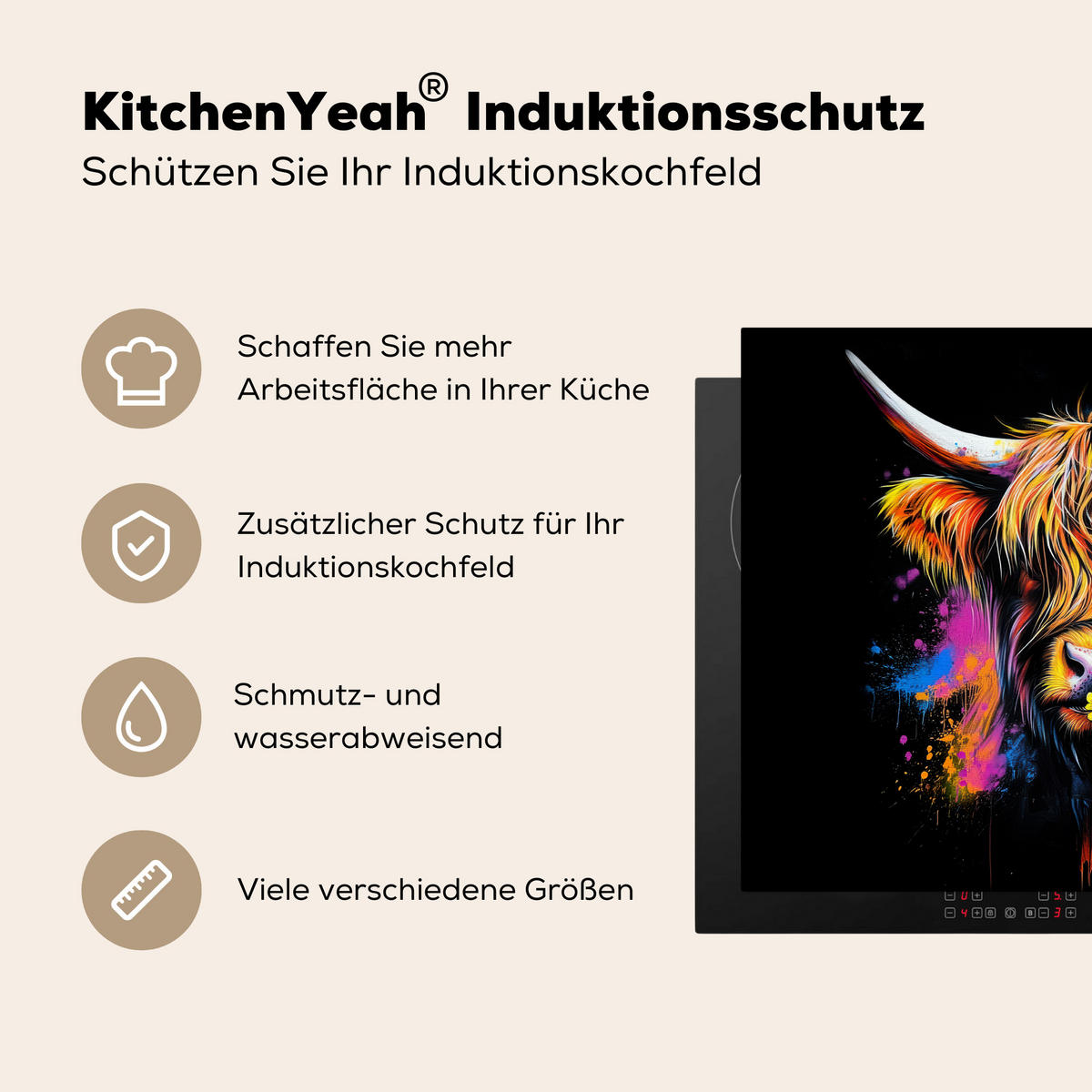 HERDABDECKPLATTE Schottischer Highlander - Graffiti - Bunt - Blume - Tiere Induktionsmatte 77x59 cm - Multicolor, Kunststoff (77/59/0.2cm) - MuchoWow