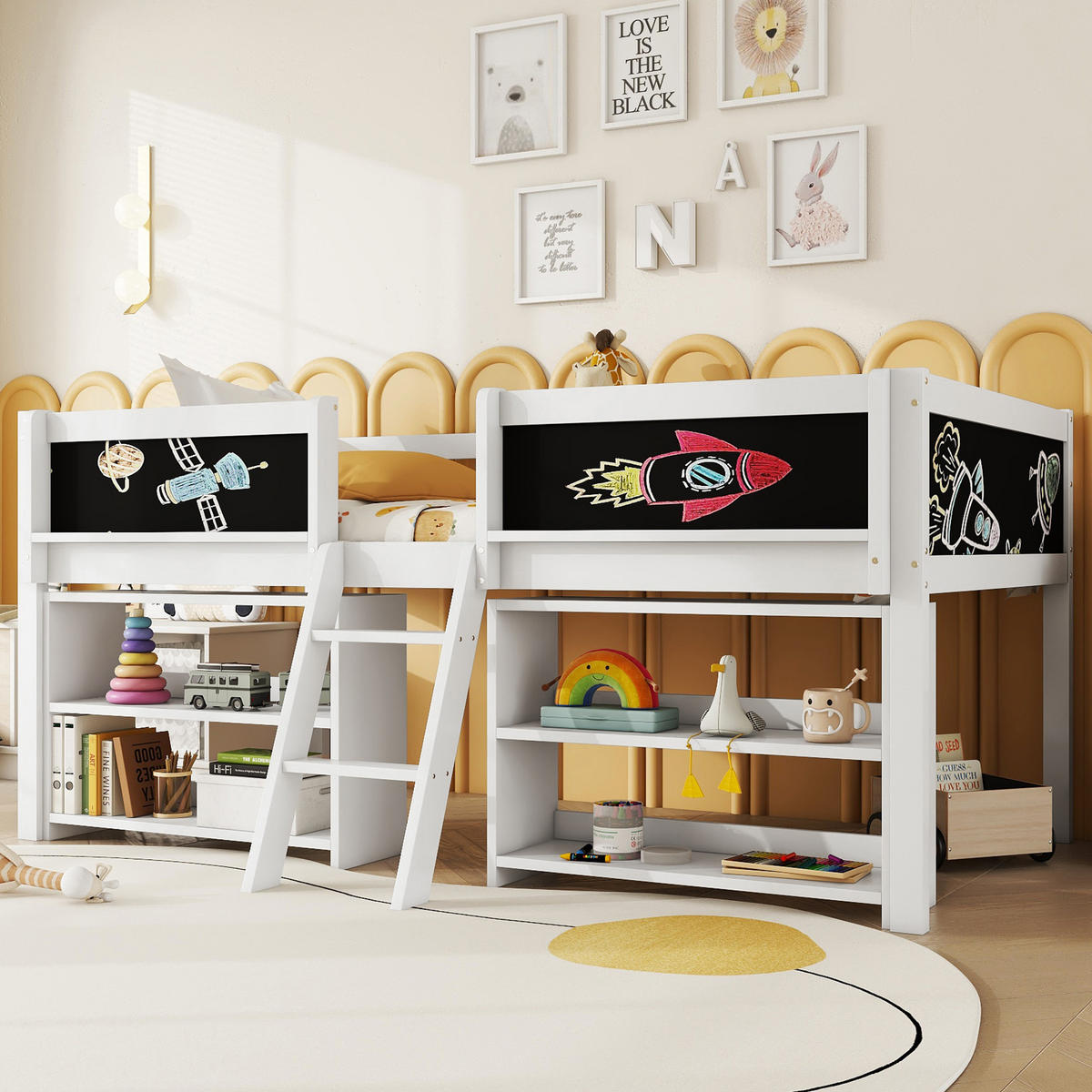 HOCHBETT aus Kiefernholz 90x200 cm in Weiß mit Stauraum & Zeichentafel - Weiß, Holz (90/200cm) - Modfu