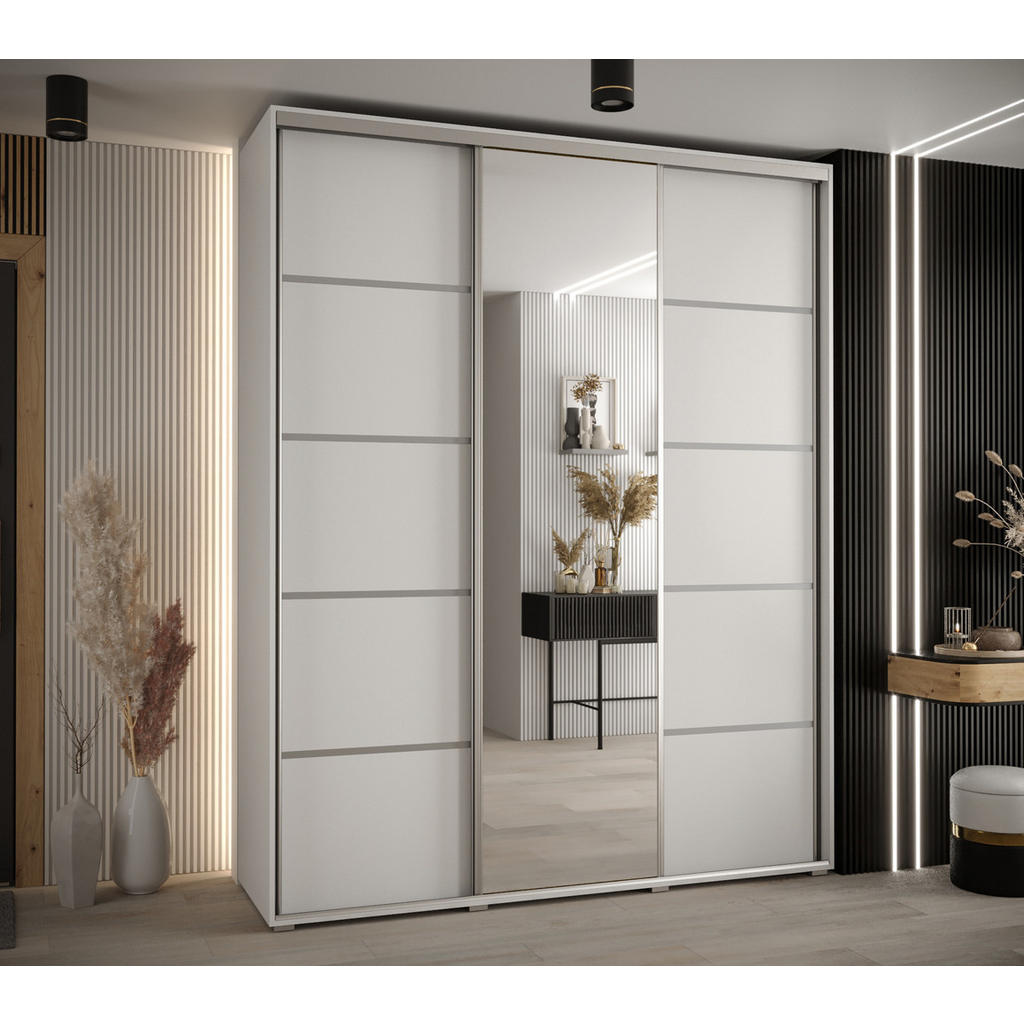 Thumbnail - Abiks Möbel Schwebetürenschrank, Weiß, Weiß, Silber, Metall, Nachbildung, 10 Fächer, 190x235x45 cm, Schlafzimmer, Kleide...